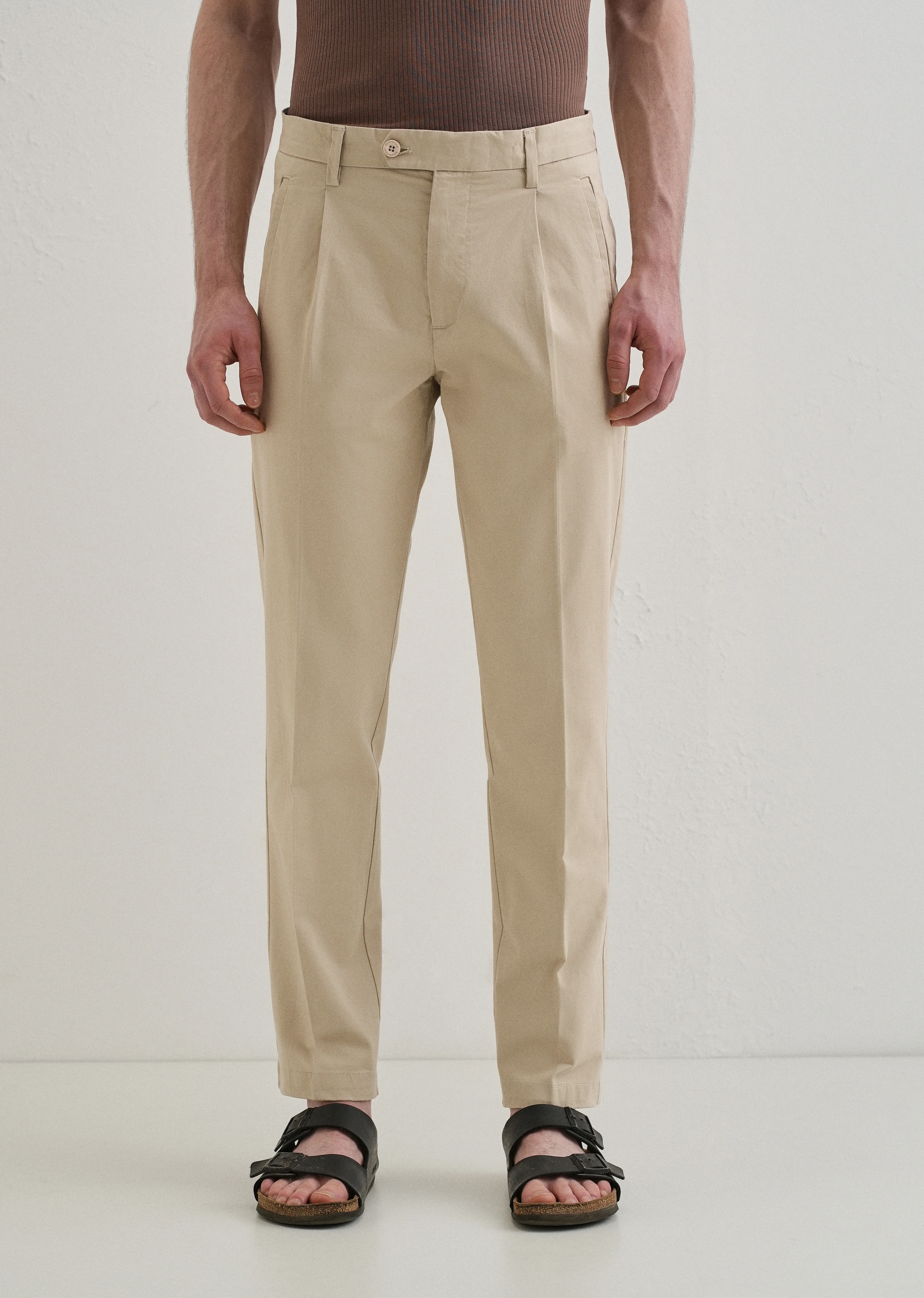 Beige Plain Pleated Chinos - Image 3