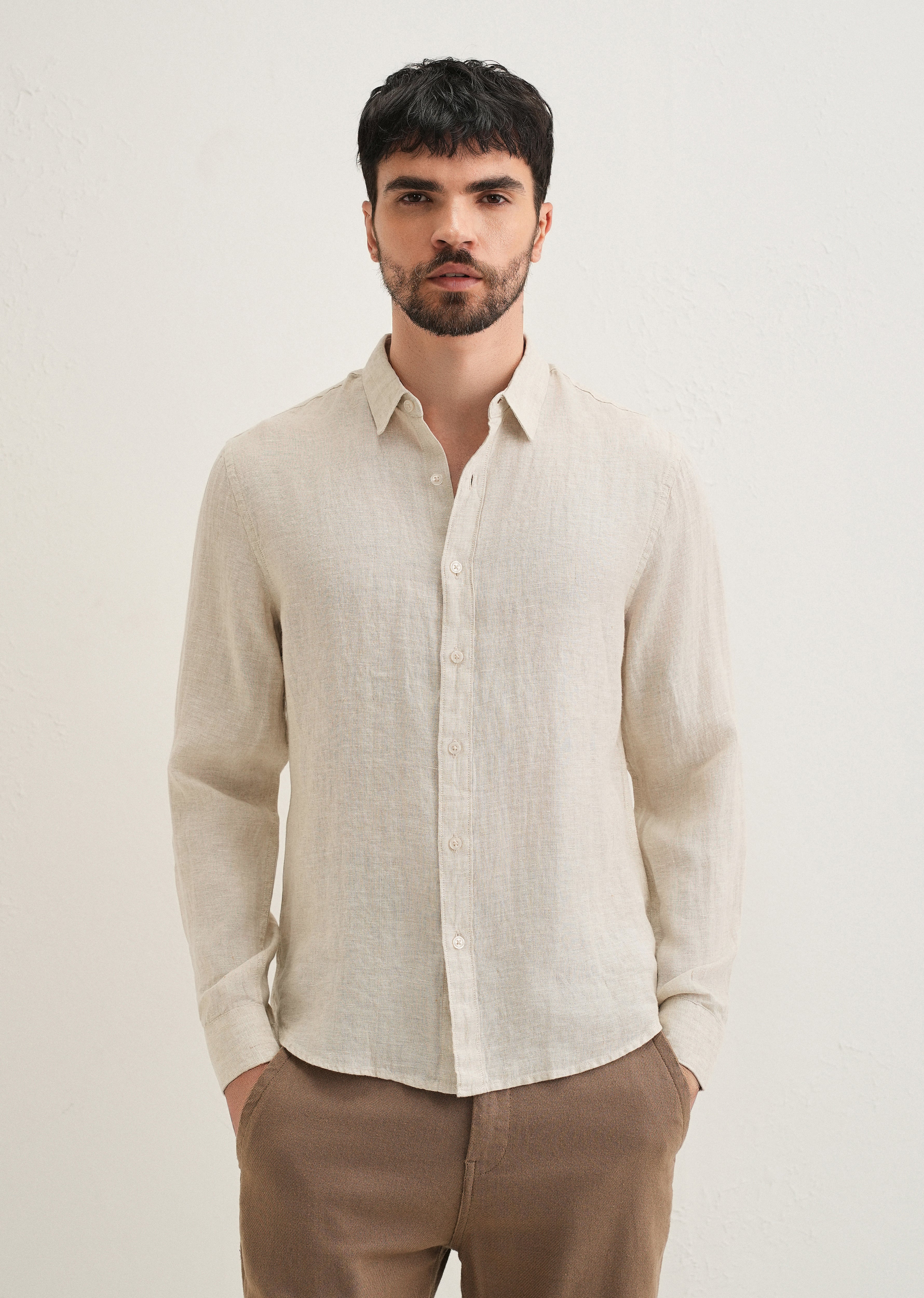 Light Beige Pure Linen Shirt - Image 4