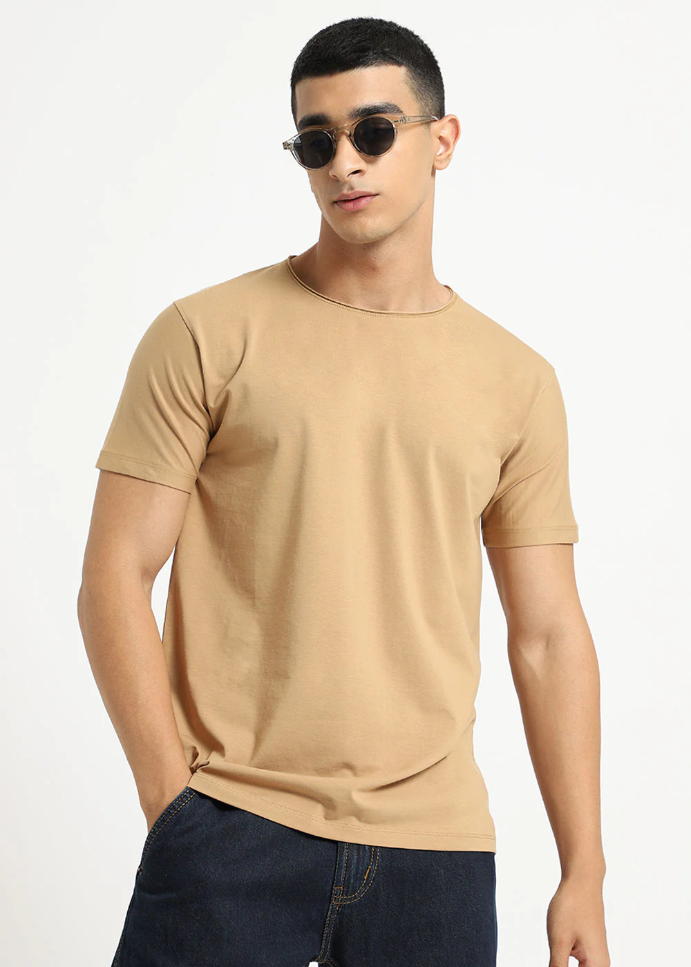 Beige Plain Round Neck T-shirt - Image 2