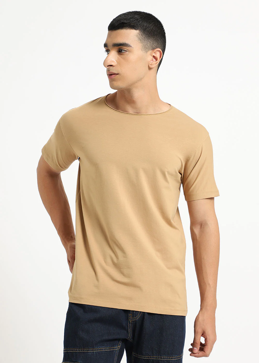 Beige Plain Round Neck T-shirt - Image 4