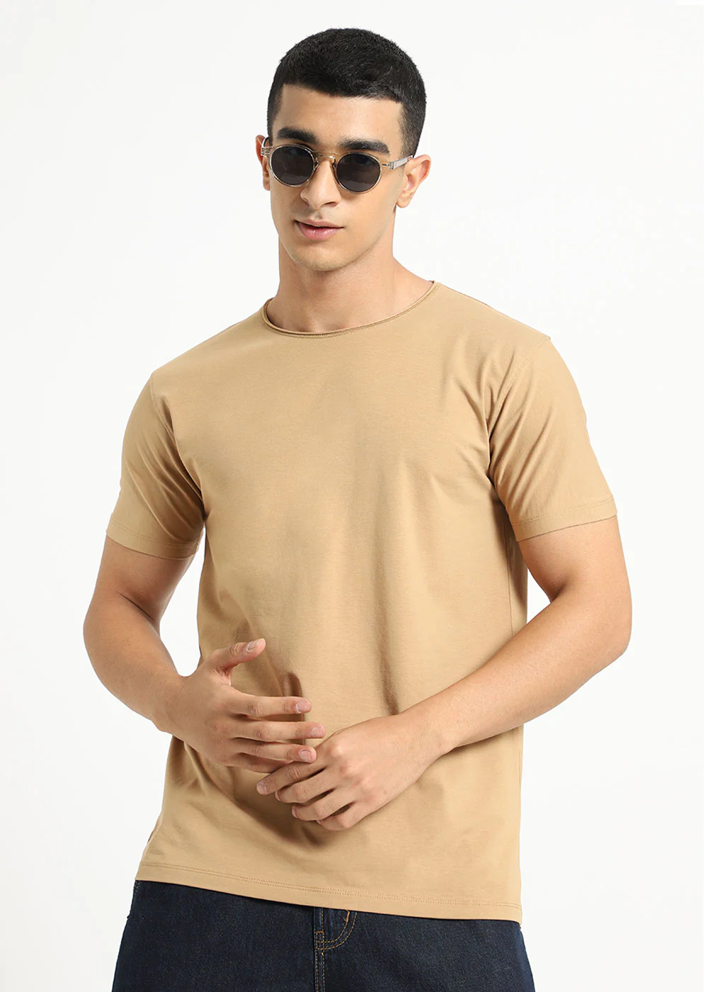 Beige Plain Round Neck T-shirt - Image 7