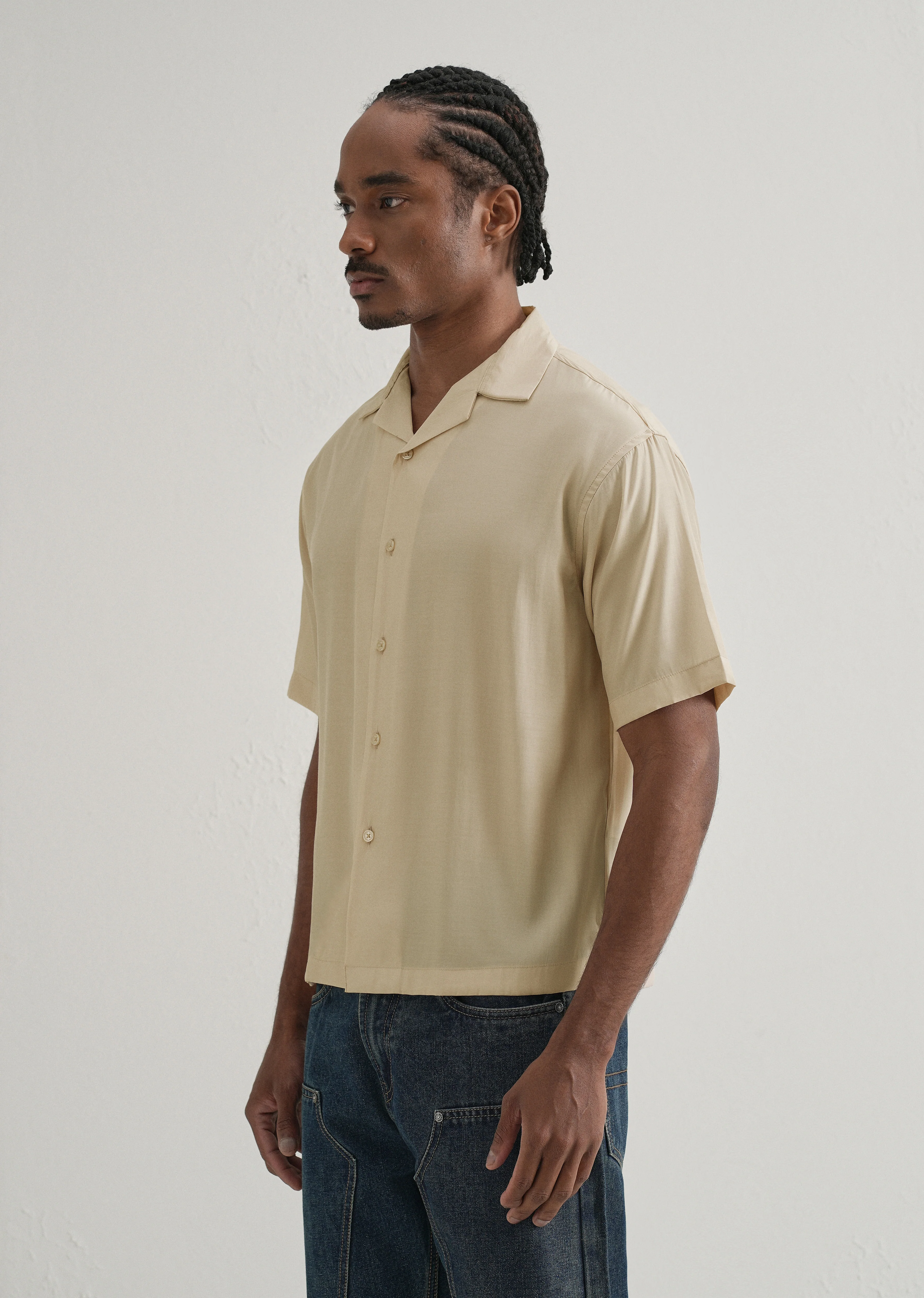 Beige Plain Sheen Cuban Collar Shirt - Image 4