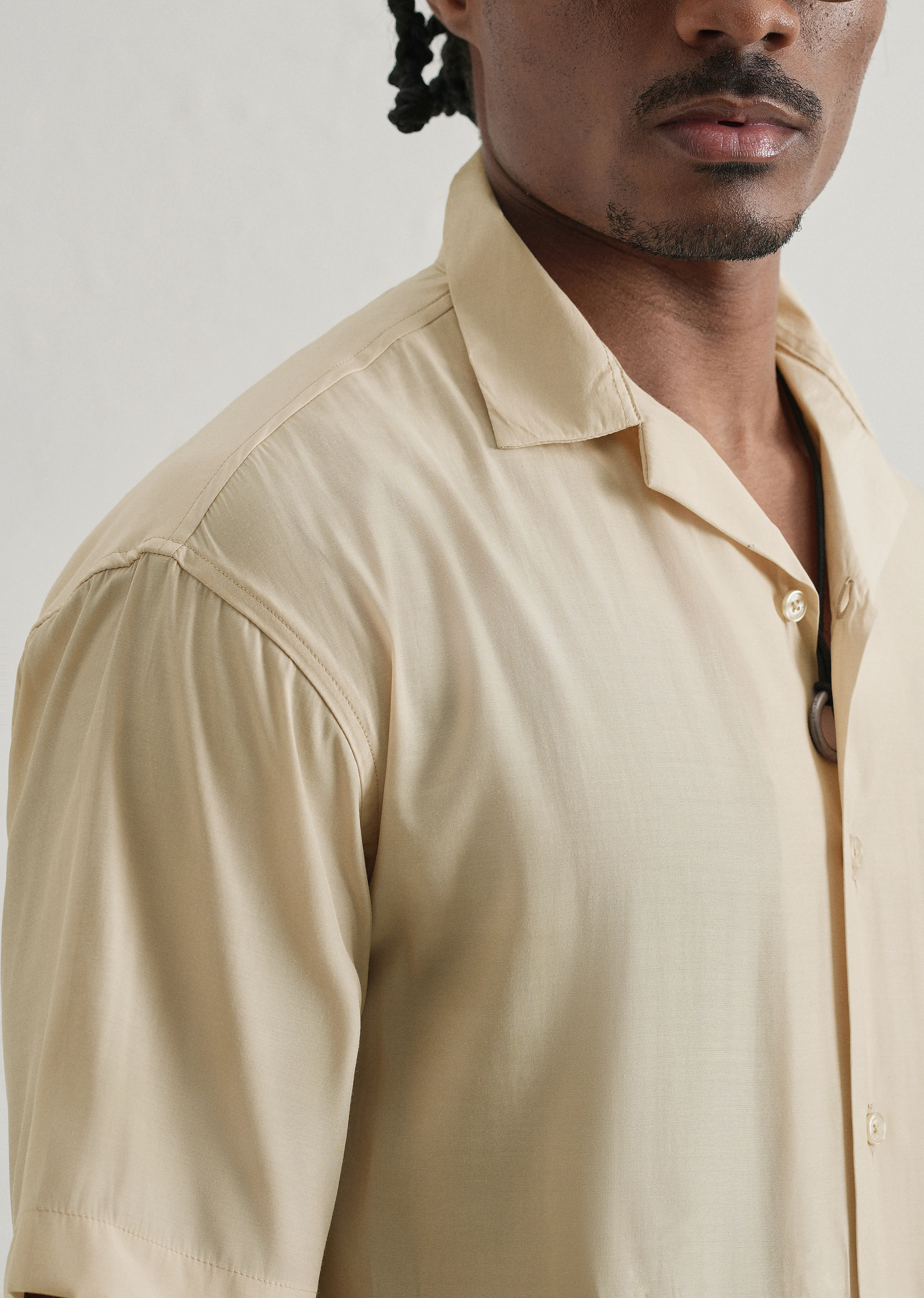 Beige Plain Sheen Cuban Collar Shirt - Image 5