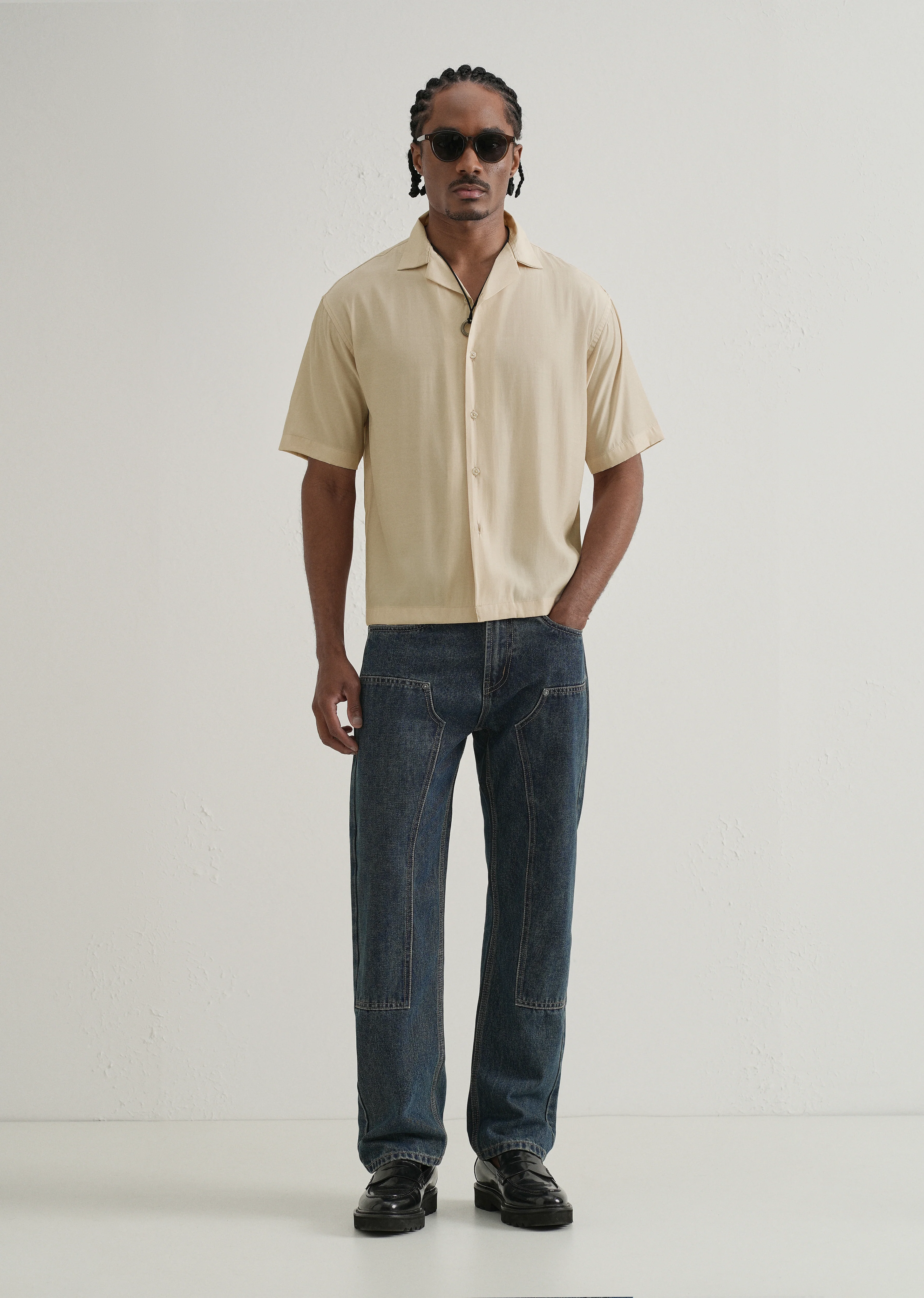 Beige Plain Sheen Cuban Collar Shirt - Image 6