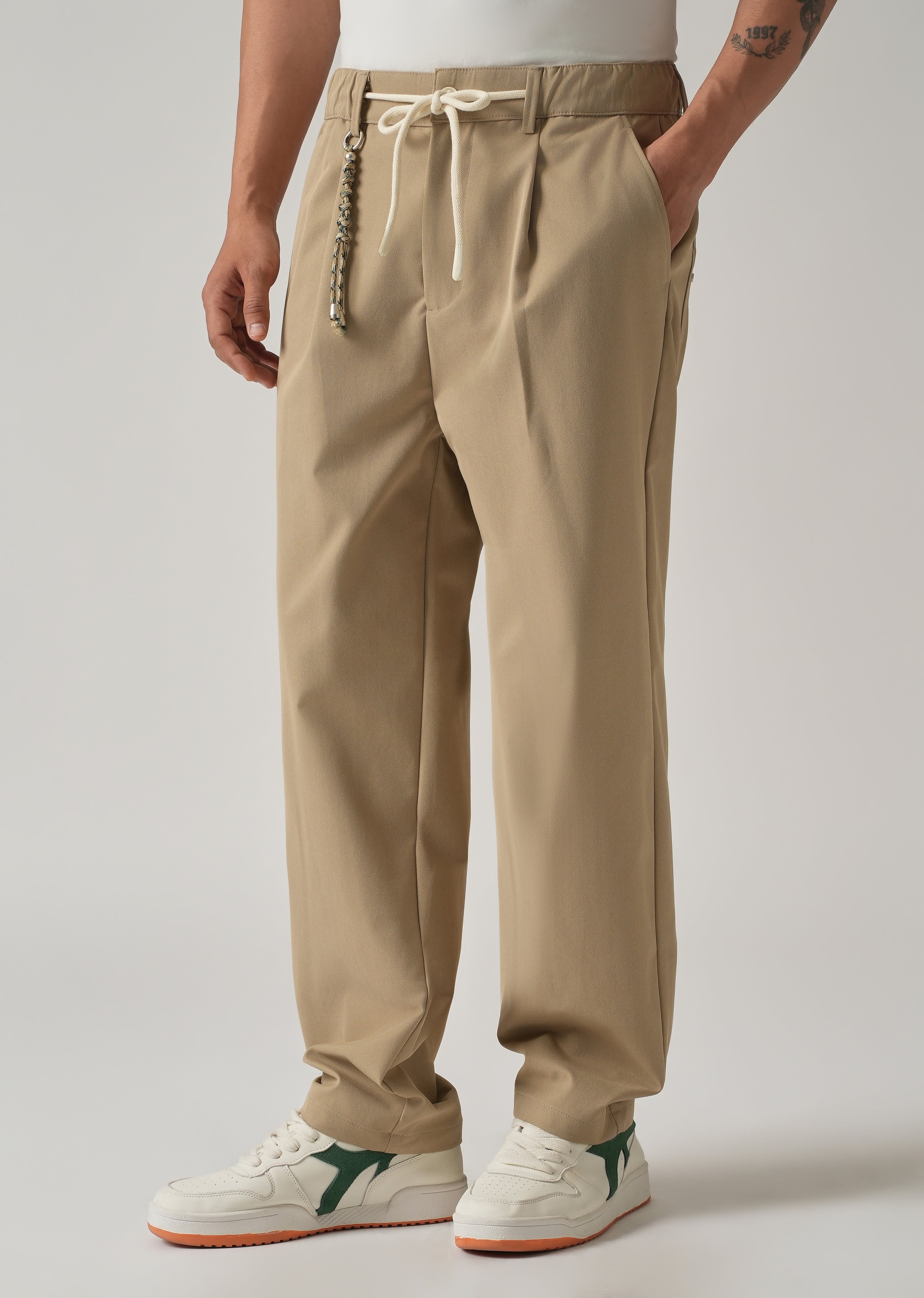 Beige Pleated Drawstring Pant - Image 4