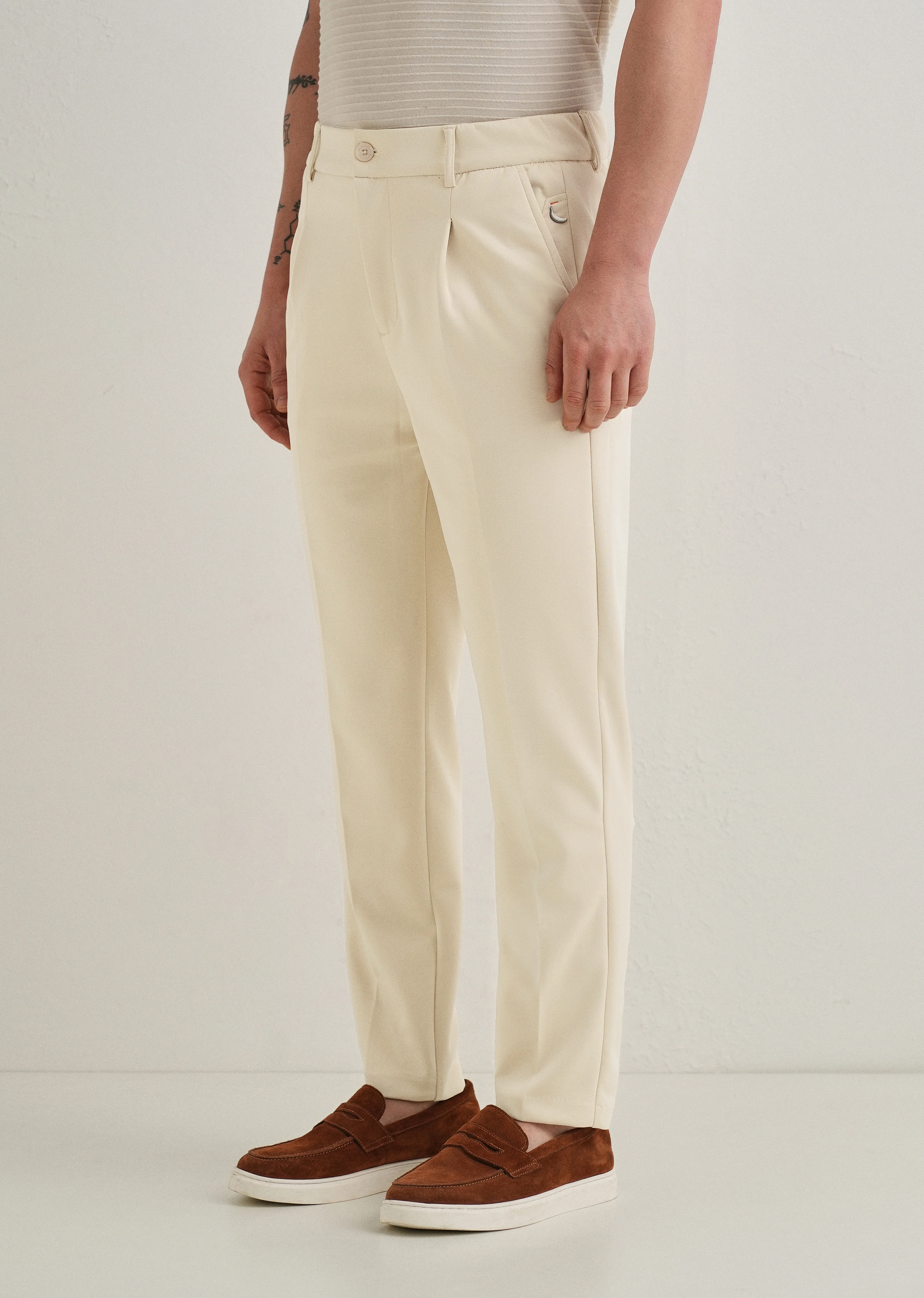 Beige Pleated Relaxed Fit Trousers - Image 5