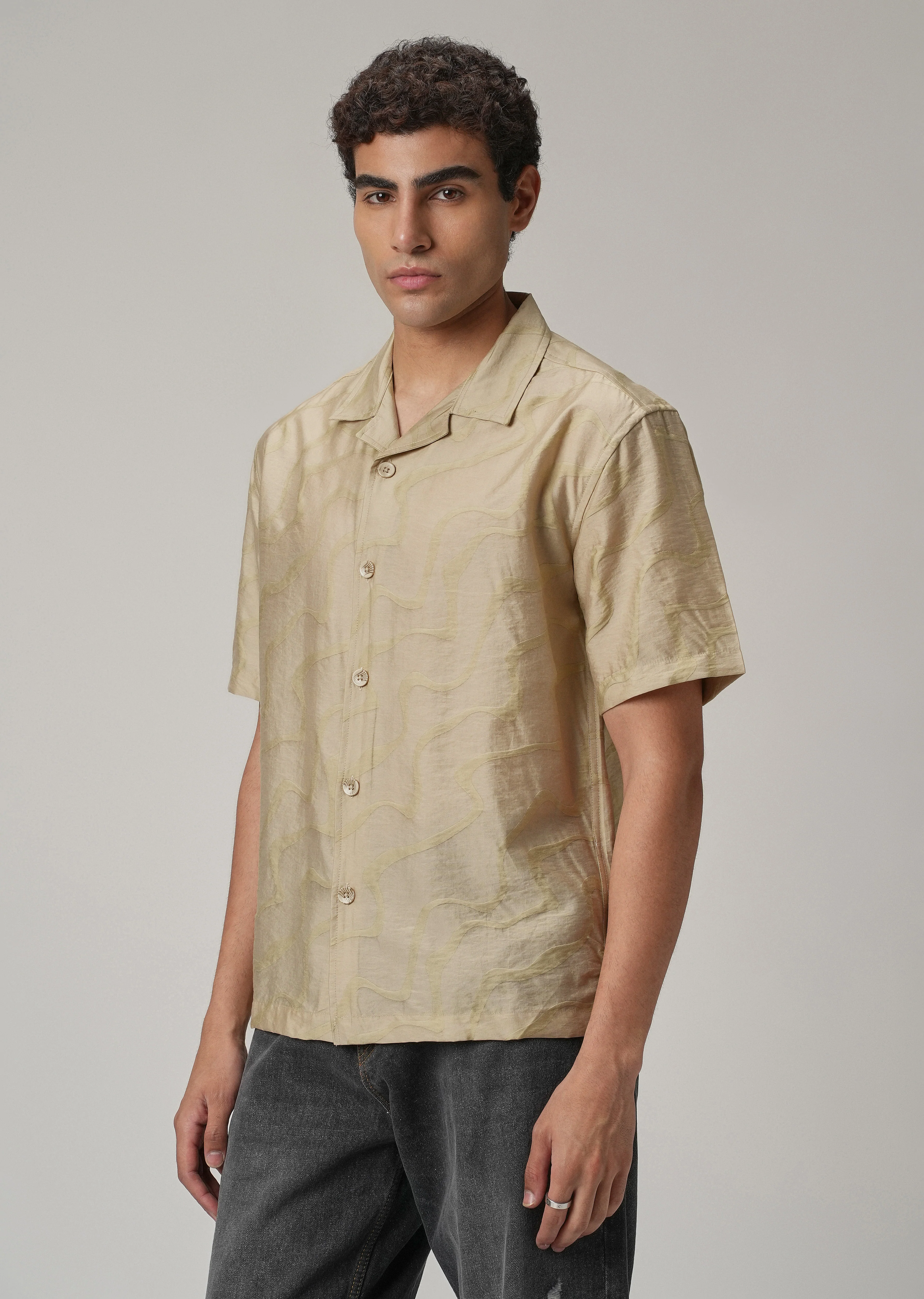 Beige Self Pattern Shirt - Image 4