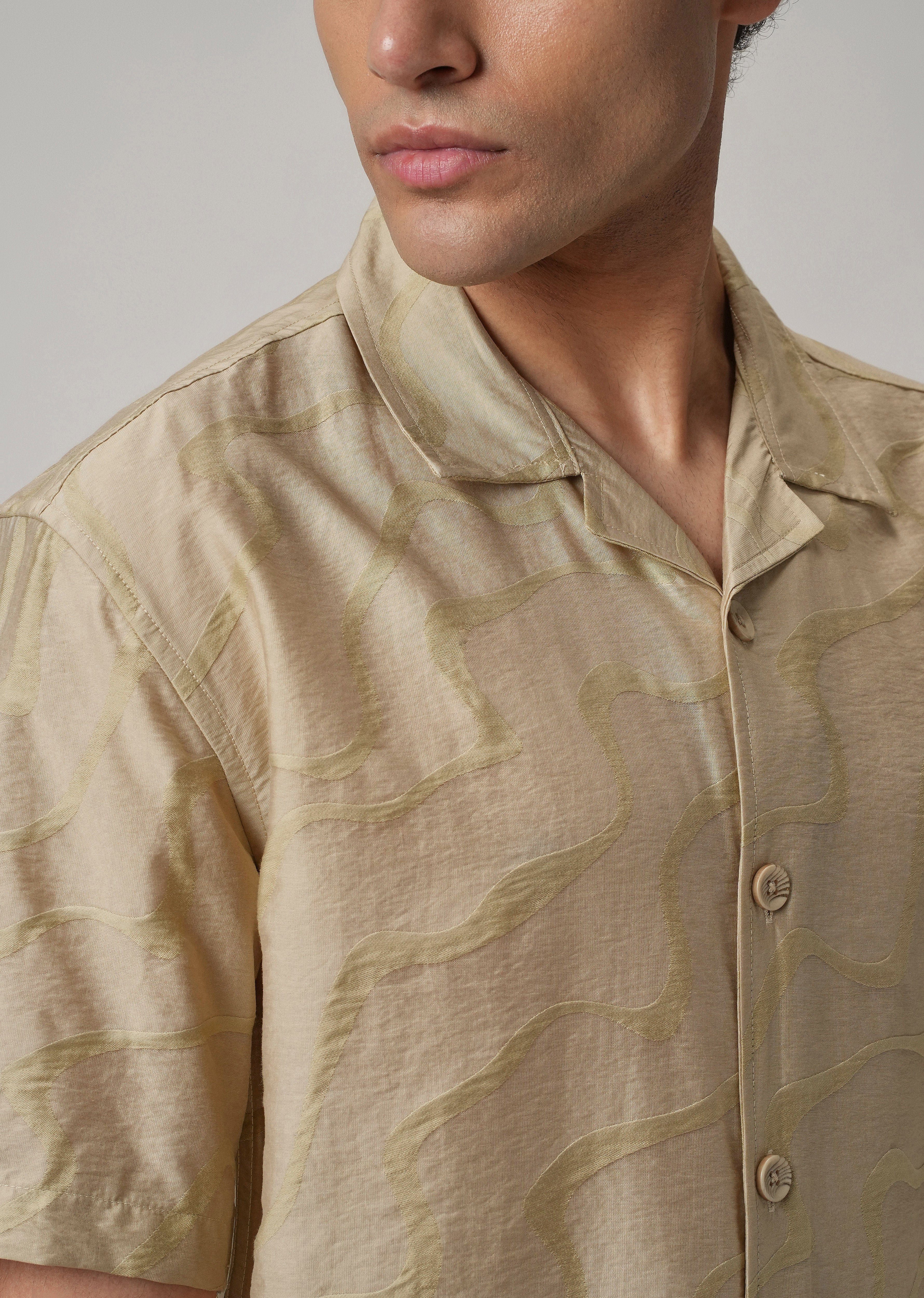Beige Self Pattern Shirt - Image 5
