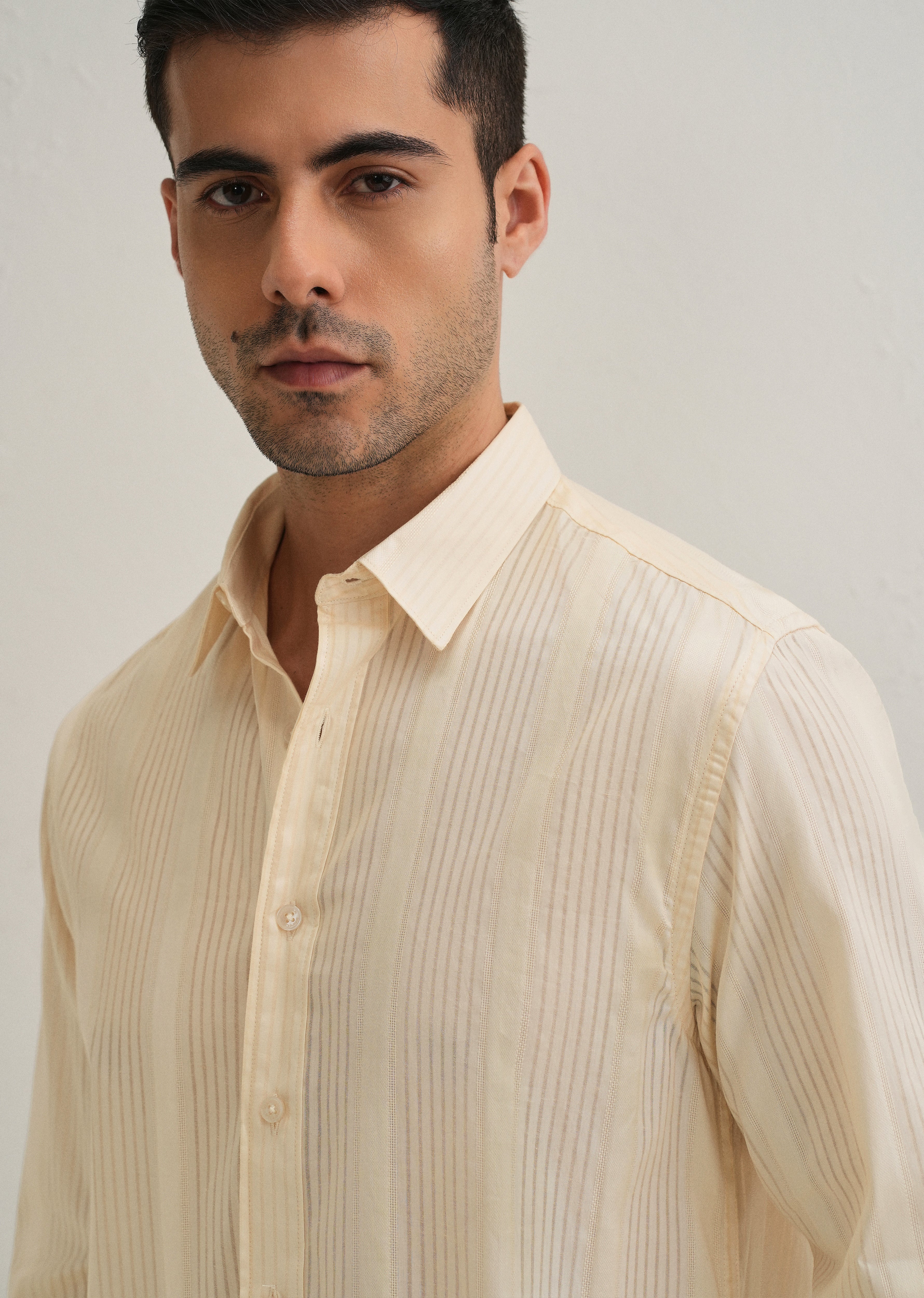 Beige Self Striped Shirt - Image 5