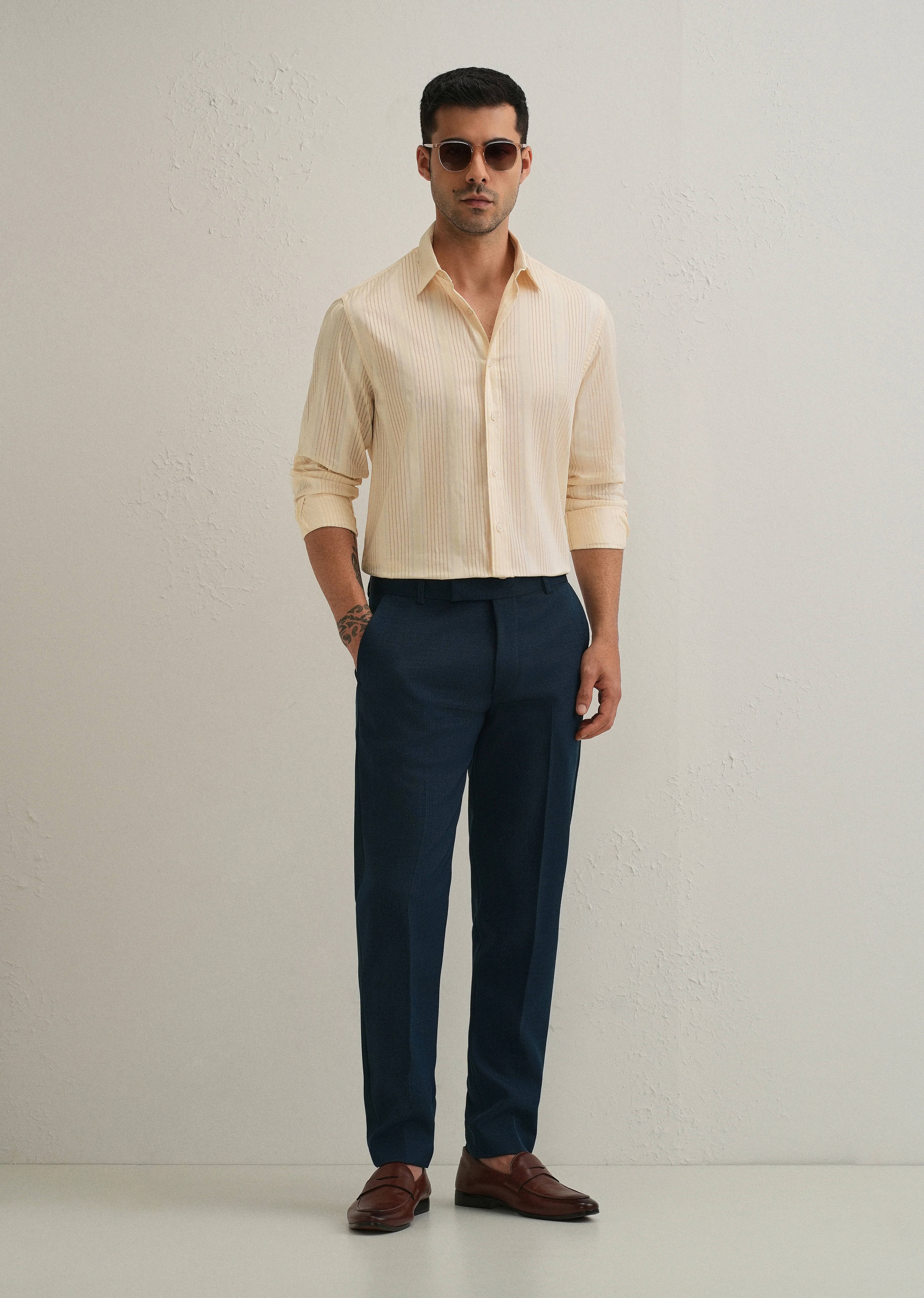 Beige Self Striped Shirt - Image 6