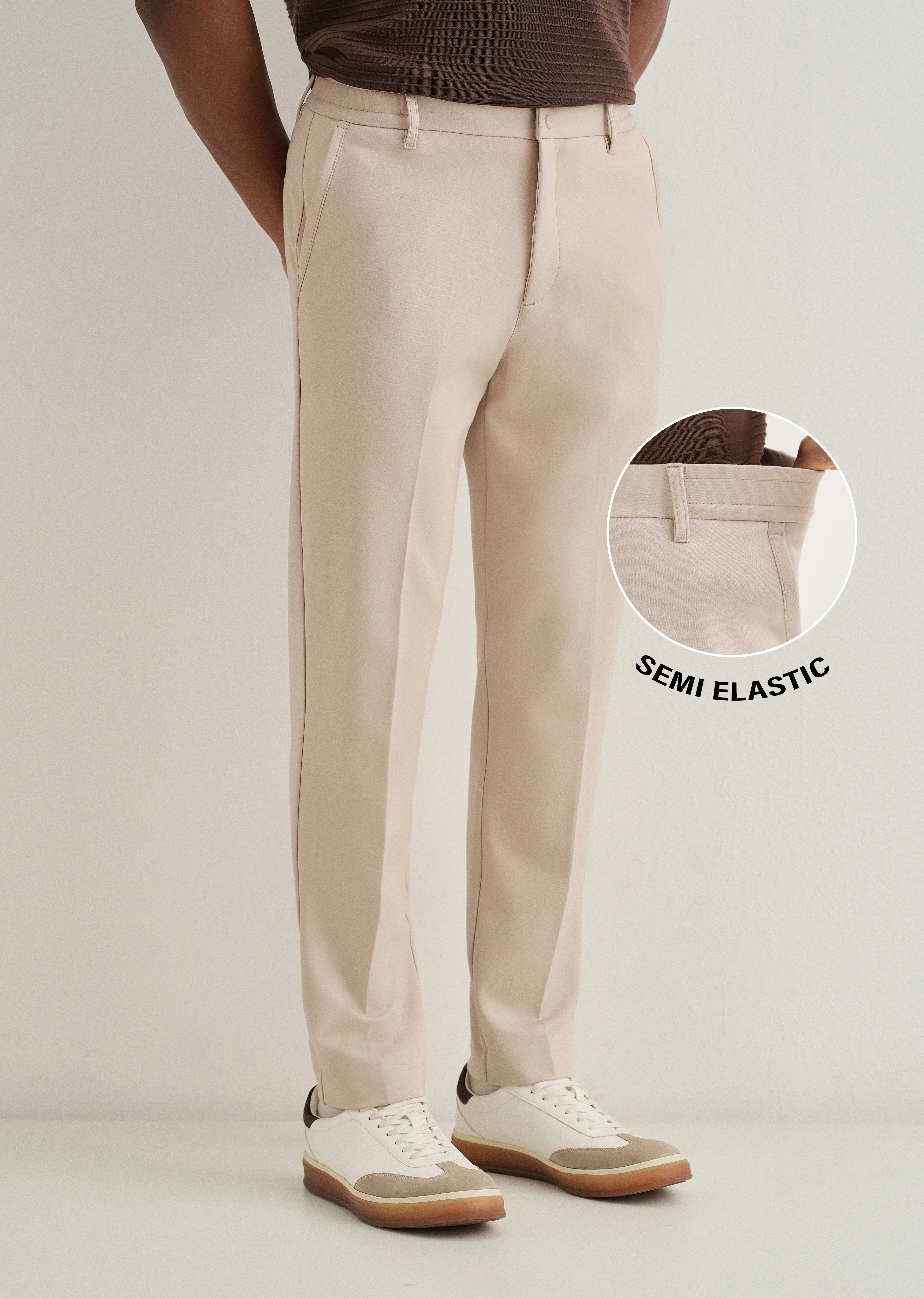Beige Semi Elasticated Slim Fit Trouser - Image 7