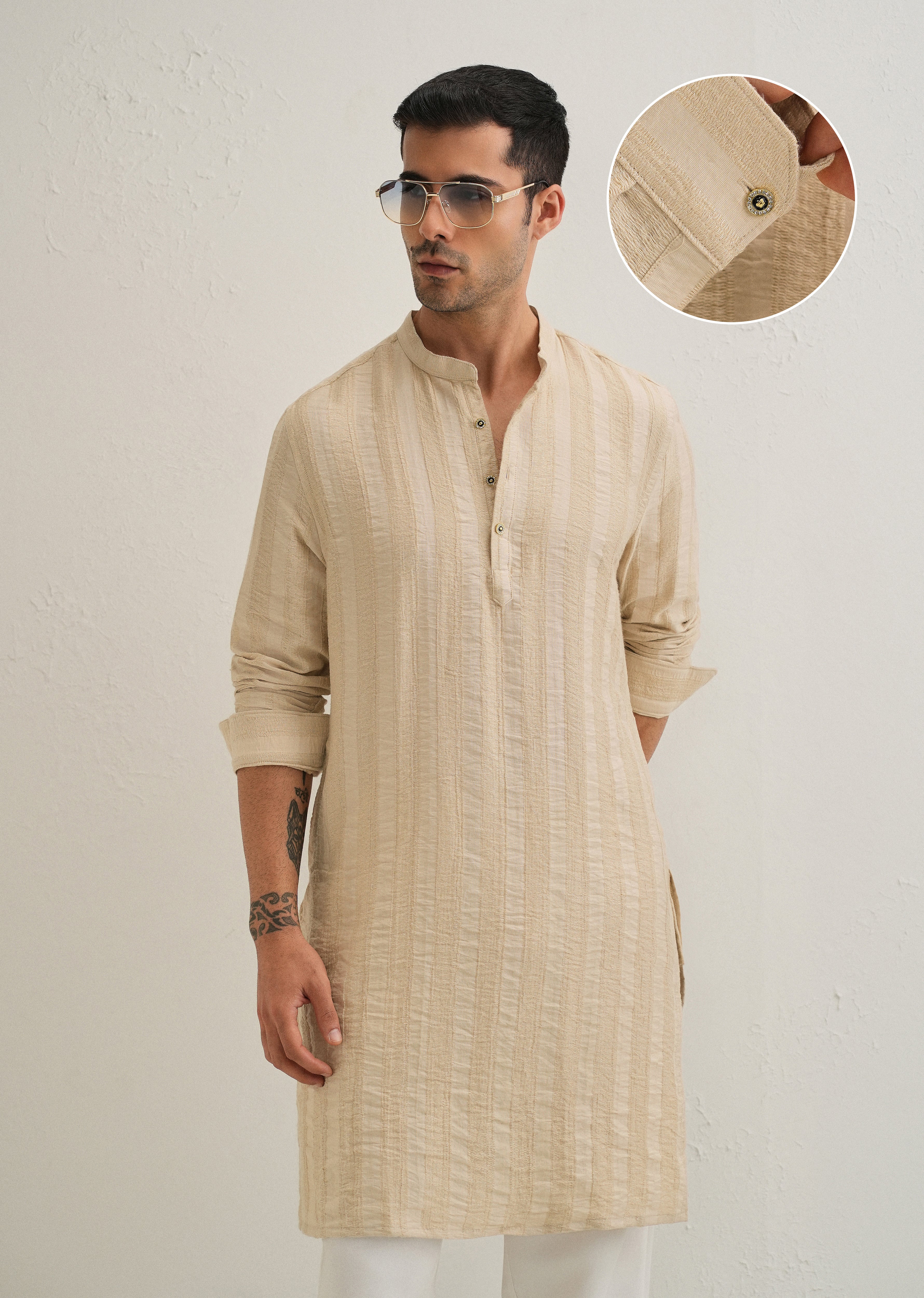 Beige Textured Vertical Stripe Kurta - Image 2