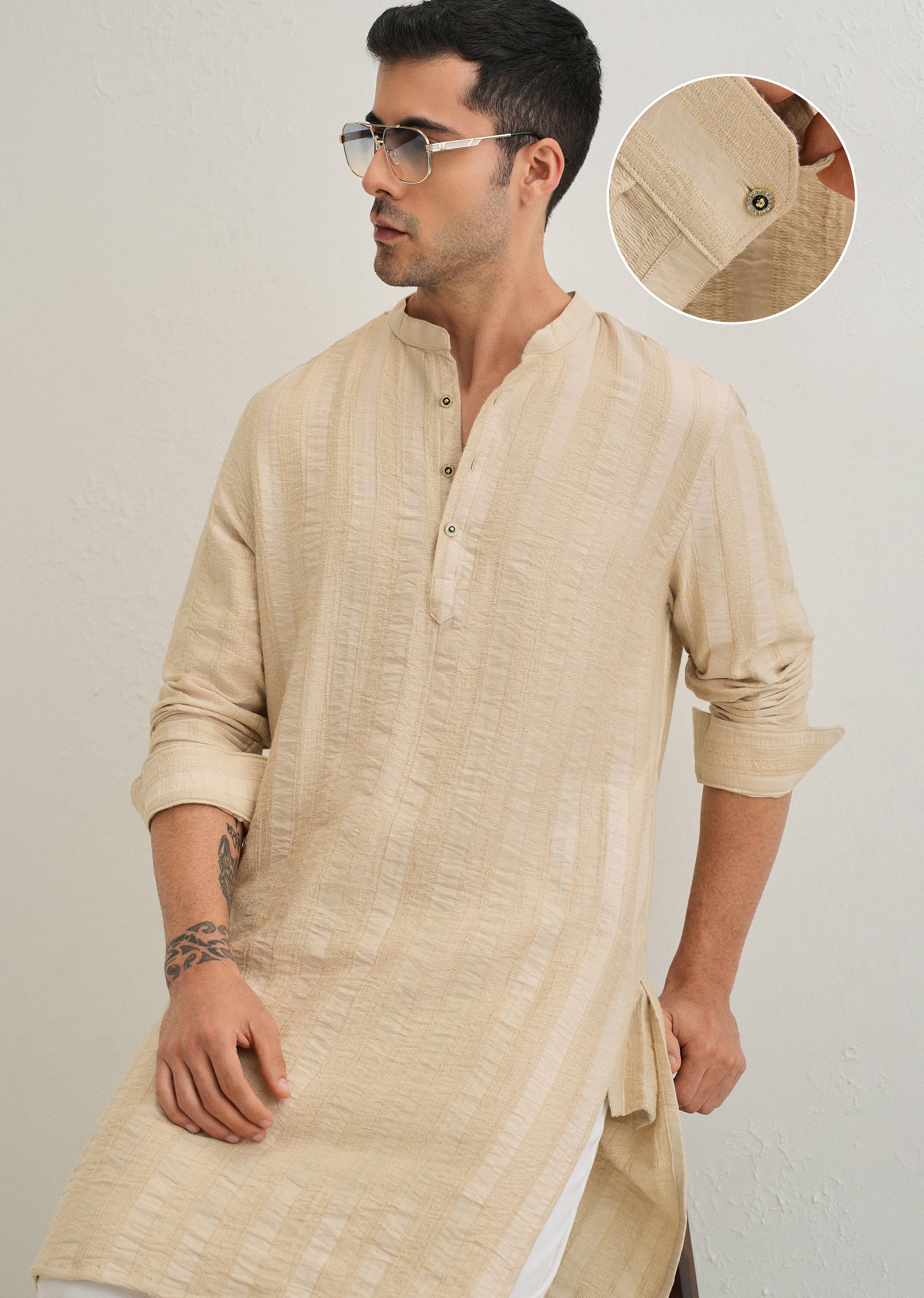 Beige Textured Vertical Stripe Kurta - Image 8