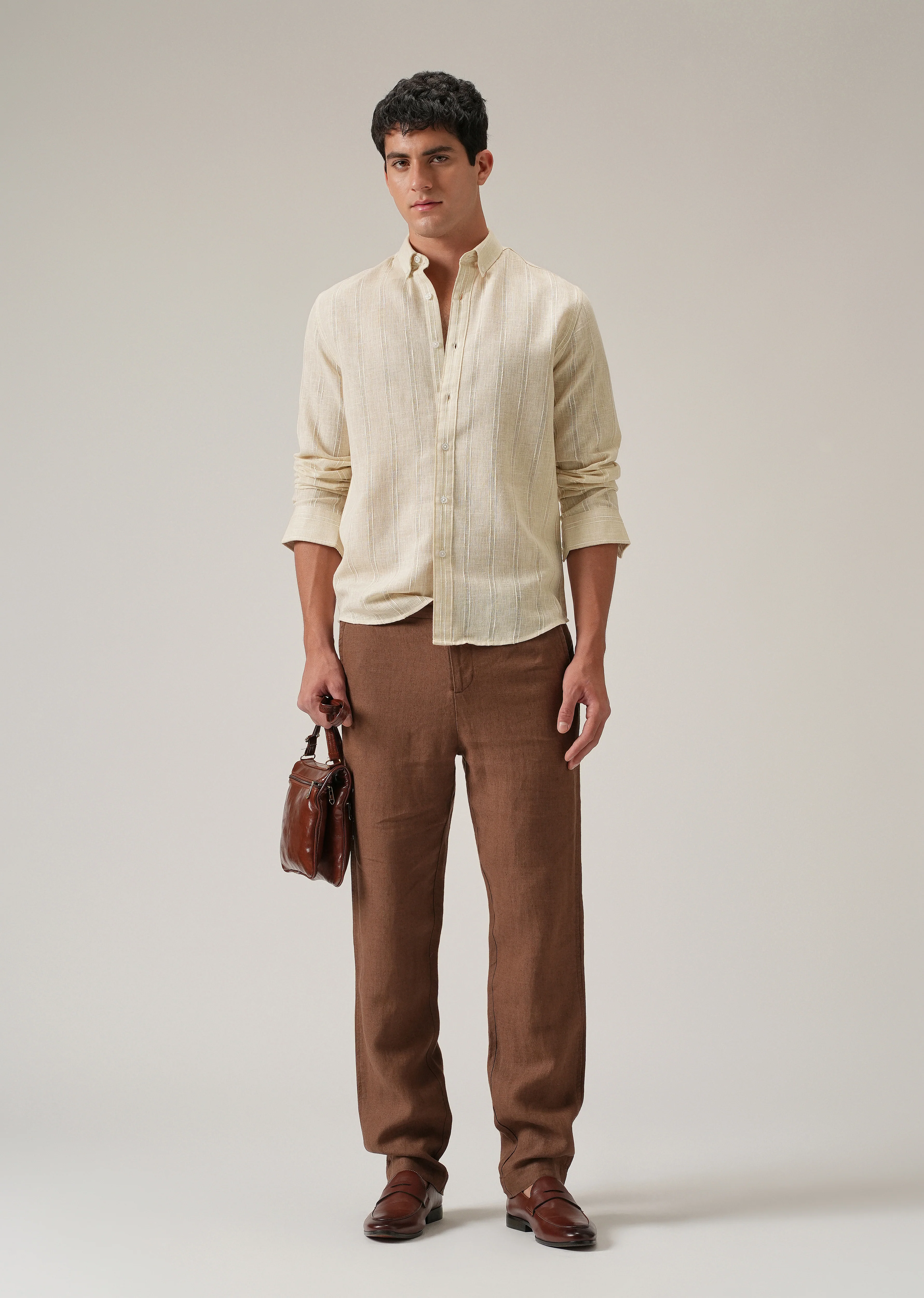 Beige Stripe Blended Linen Shirt - Image 6