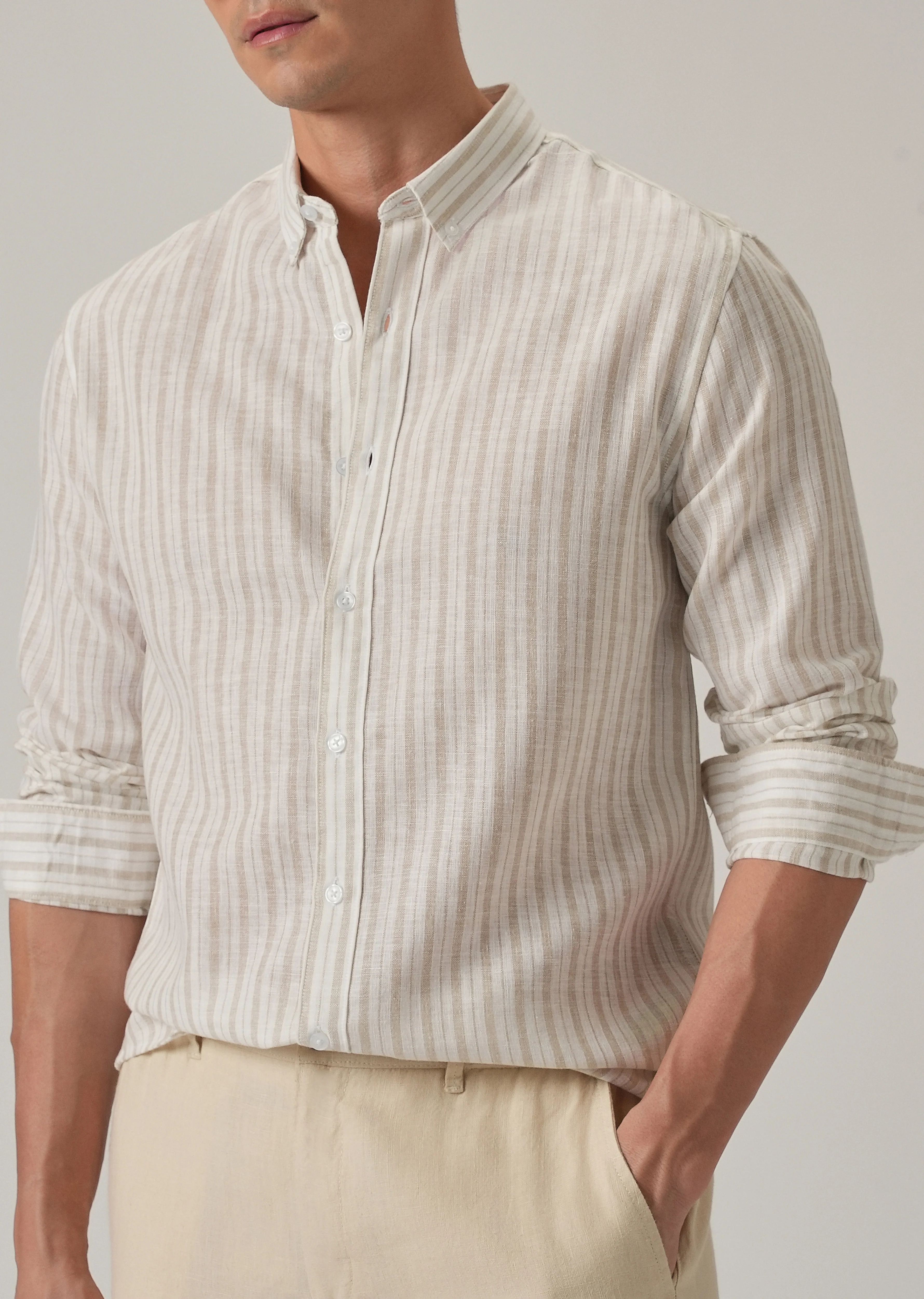 Beige Stripe Linen Shirt - Image 7