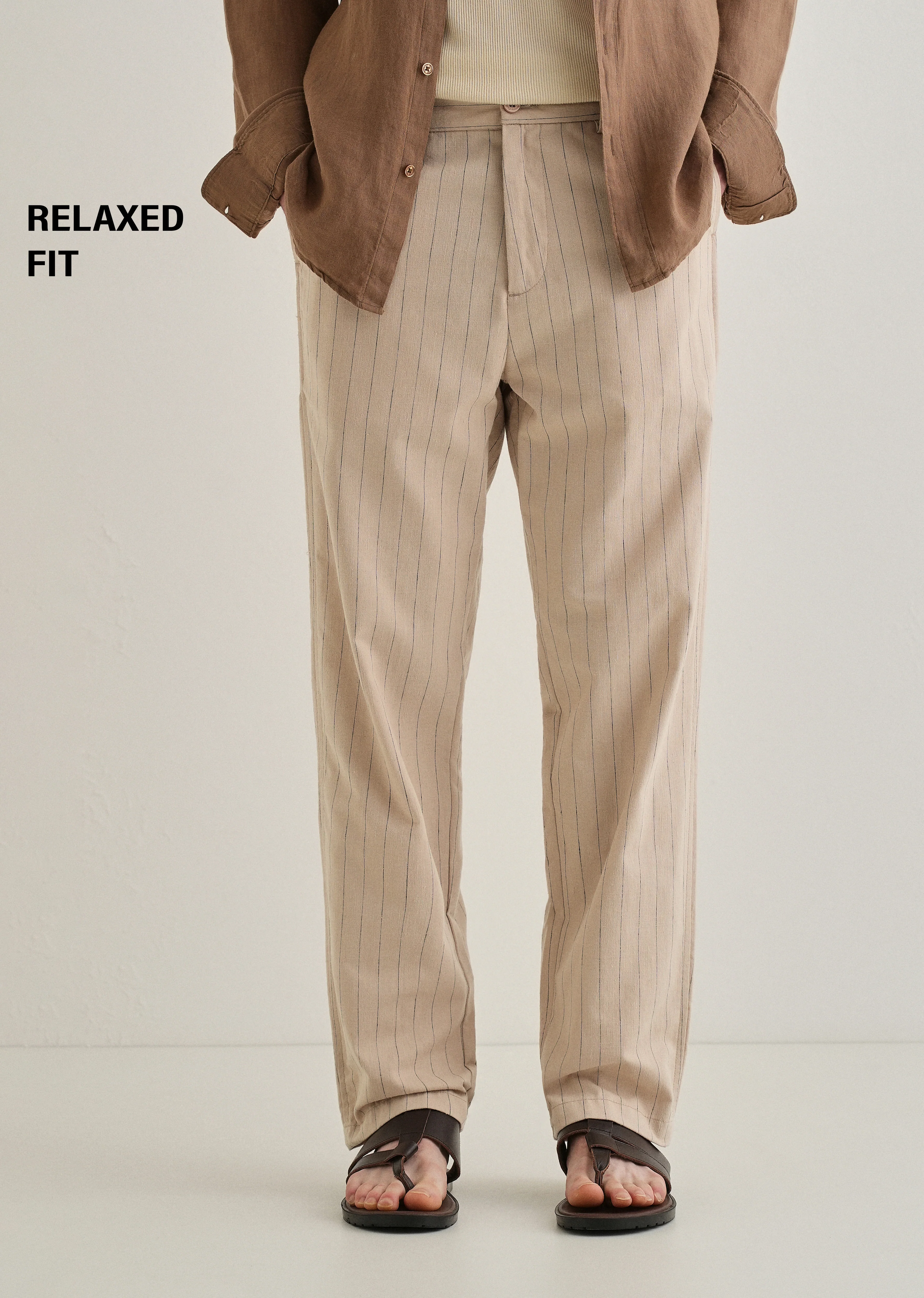 Beige Stripe Relaxed Linen Trouser - Image 7