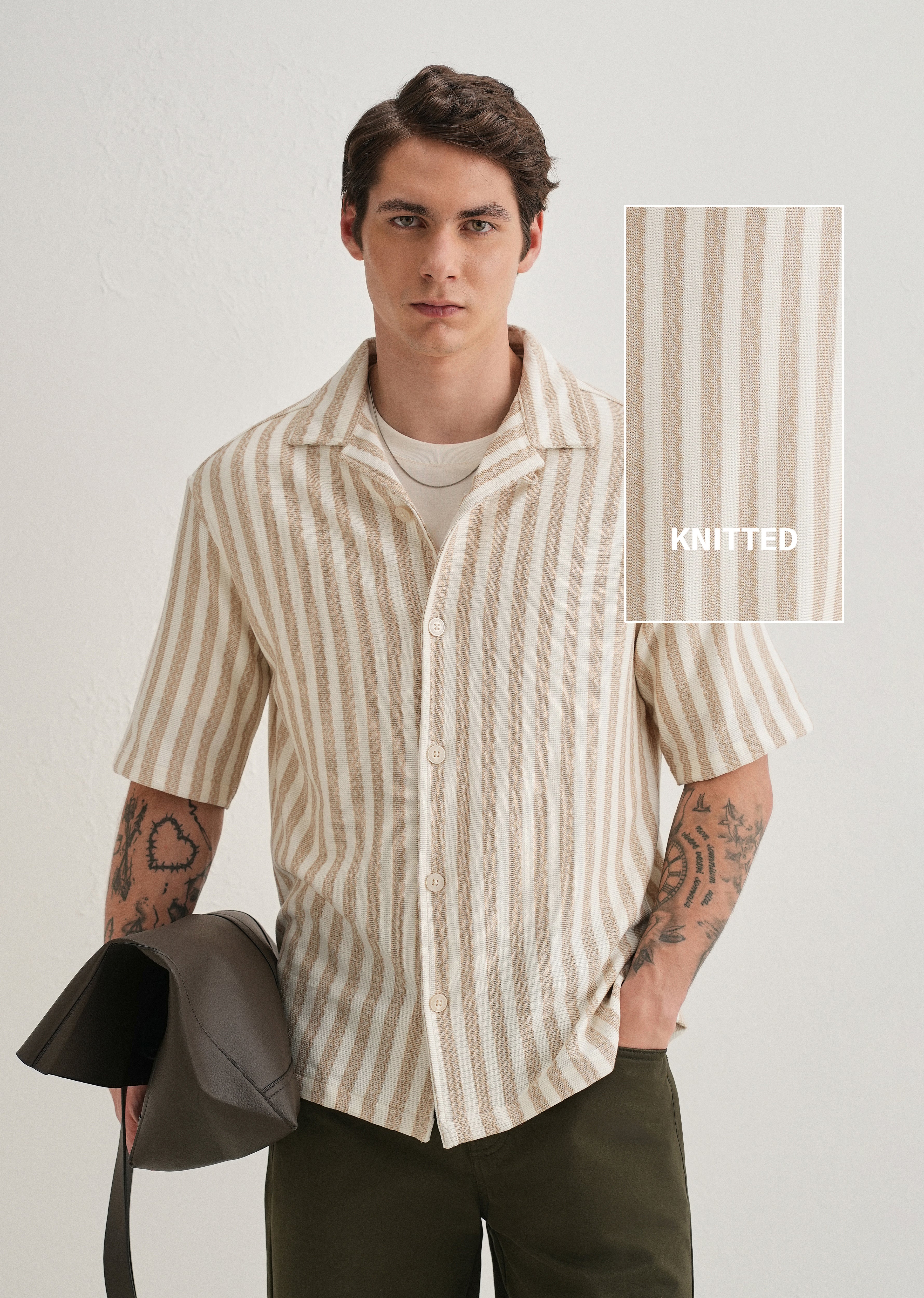 Beige Striped Knit Cuban Collar Shirt - Image 2