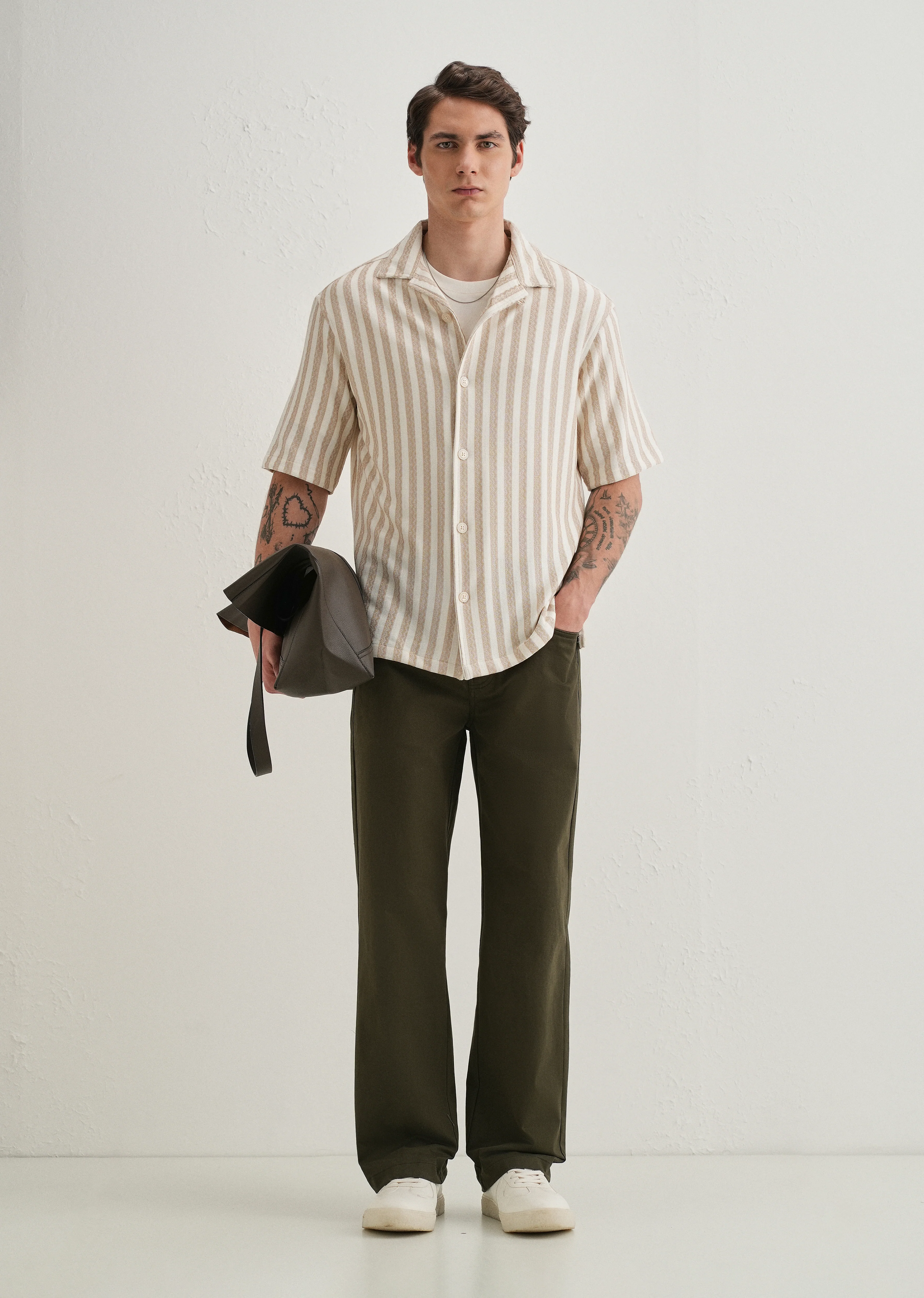 Beige Striped Knit Cuban Collar Shirt - Image 6