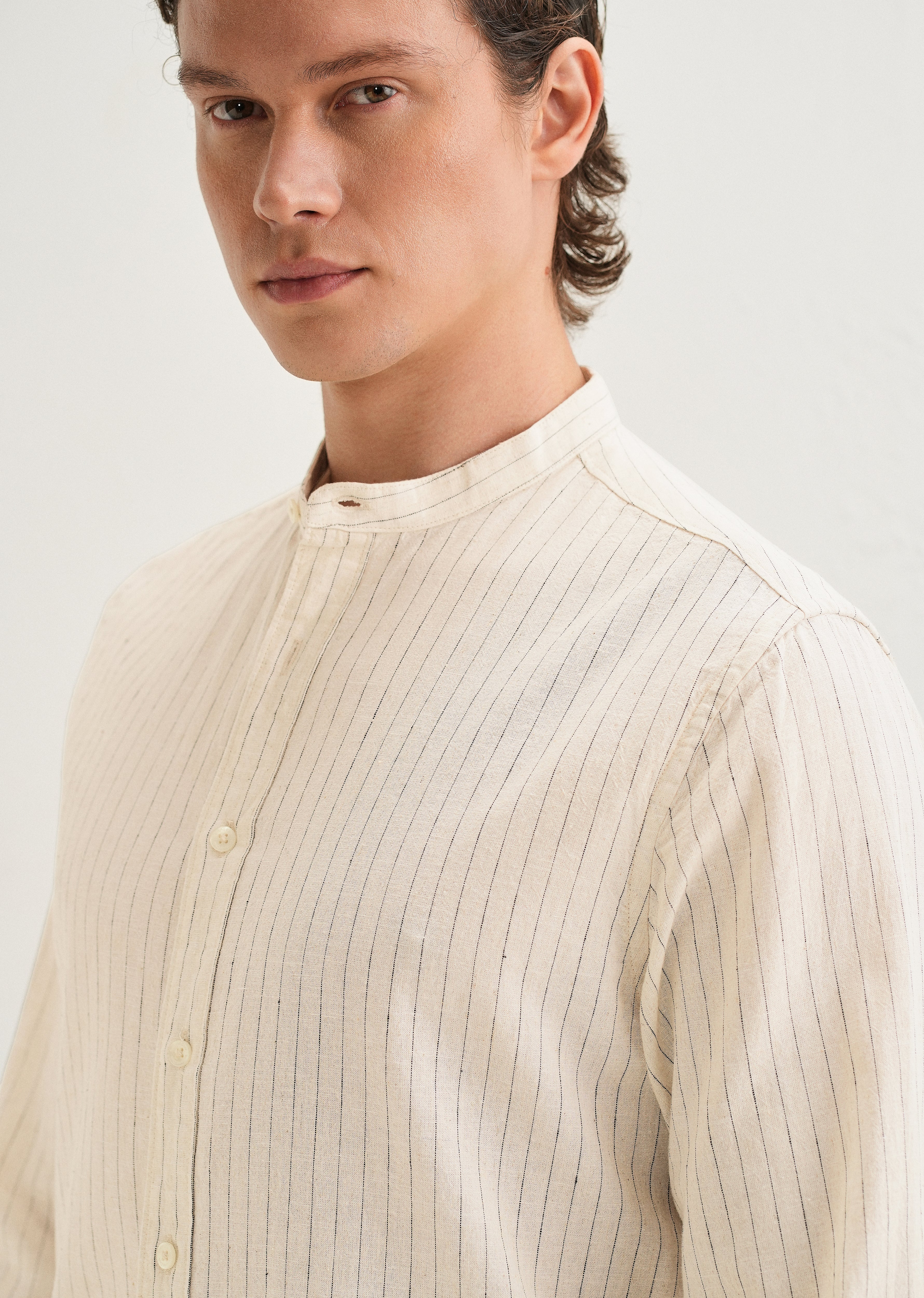 Beige Striped Mandarin Collar Cotton Shirt - Image 2