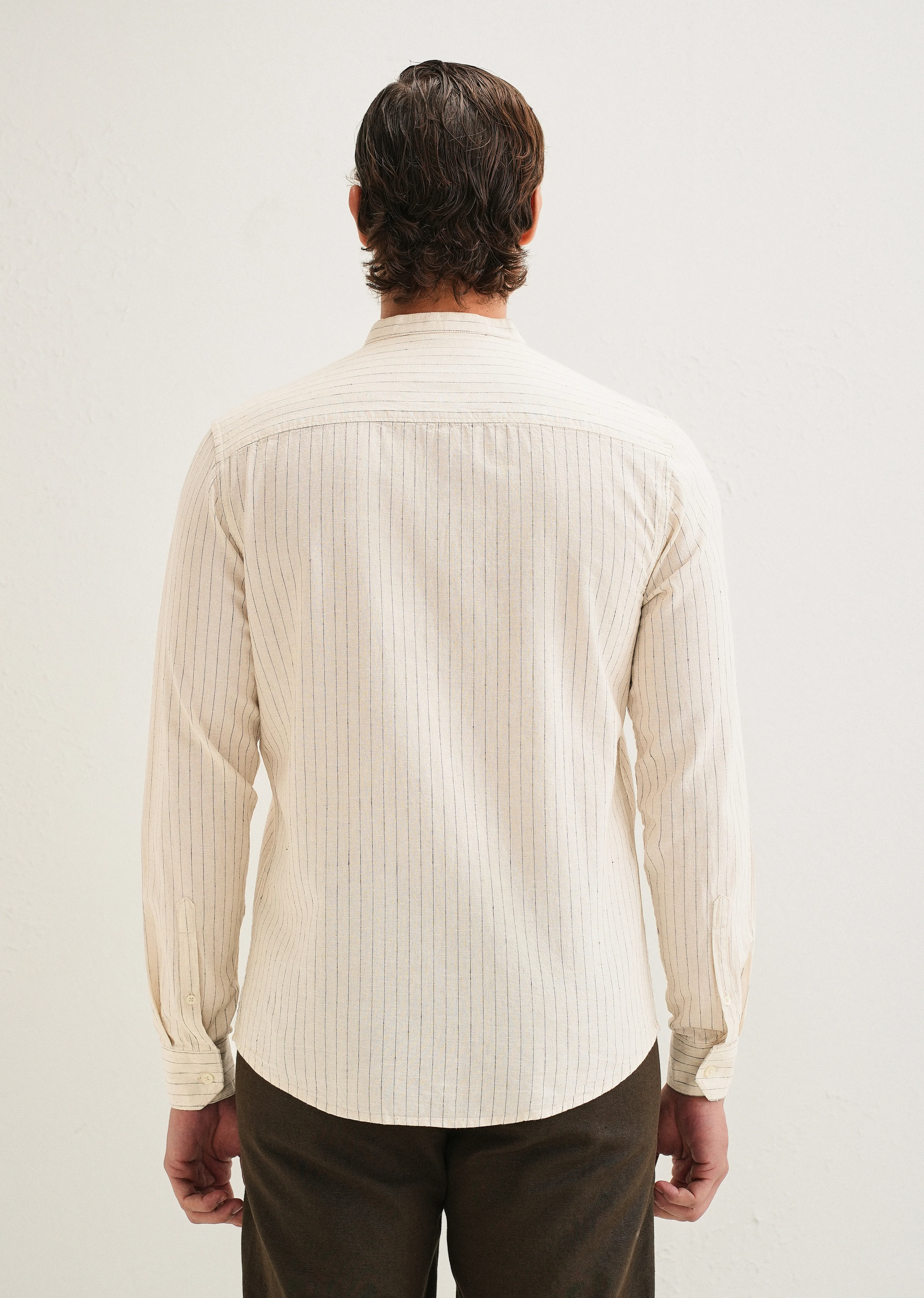 Beige Striped Mandarin Collar Cotton Shirt - Image 4