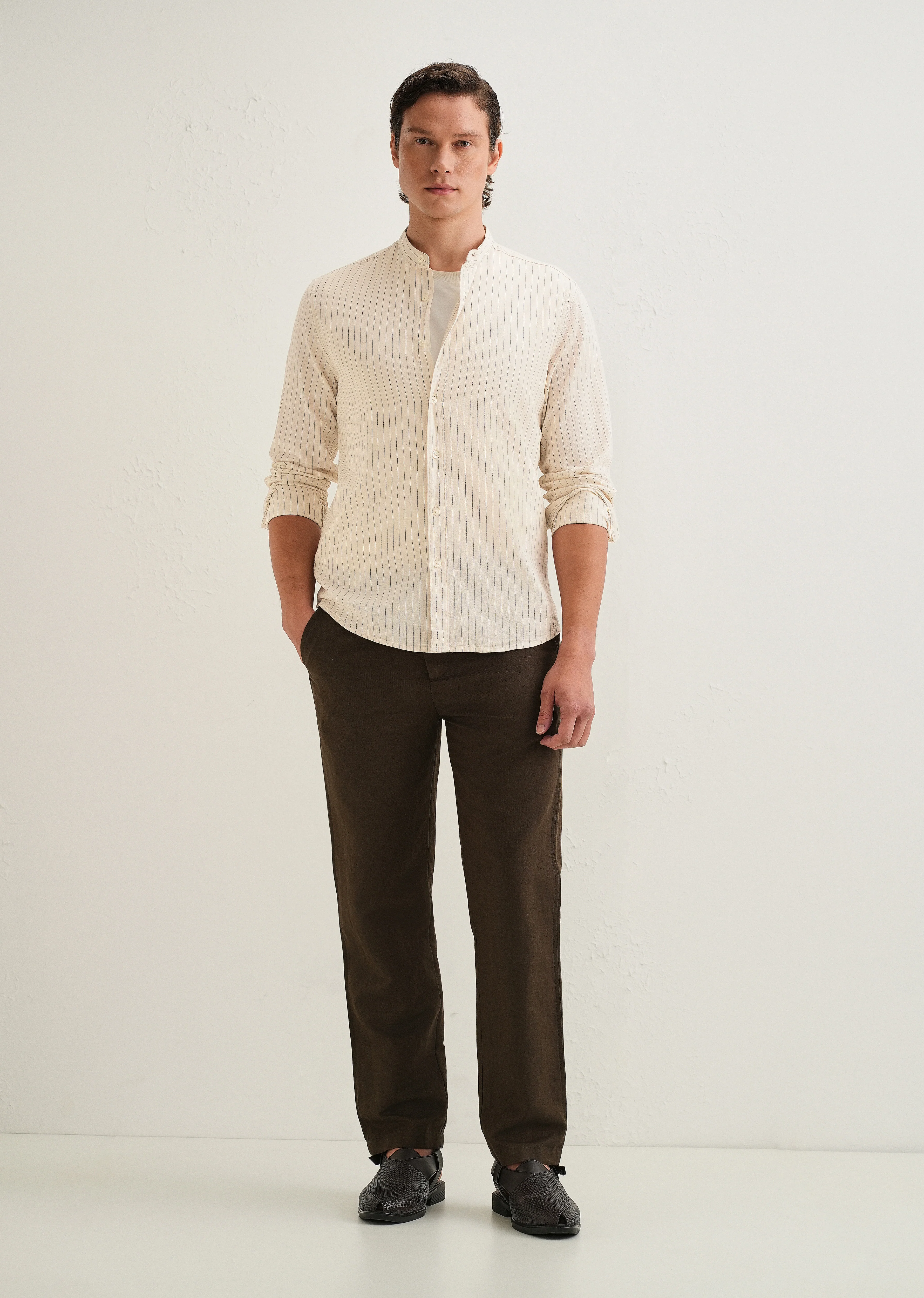Beige Striped Mandarin Collar Cotton Shirt - Image 6
