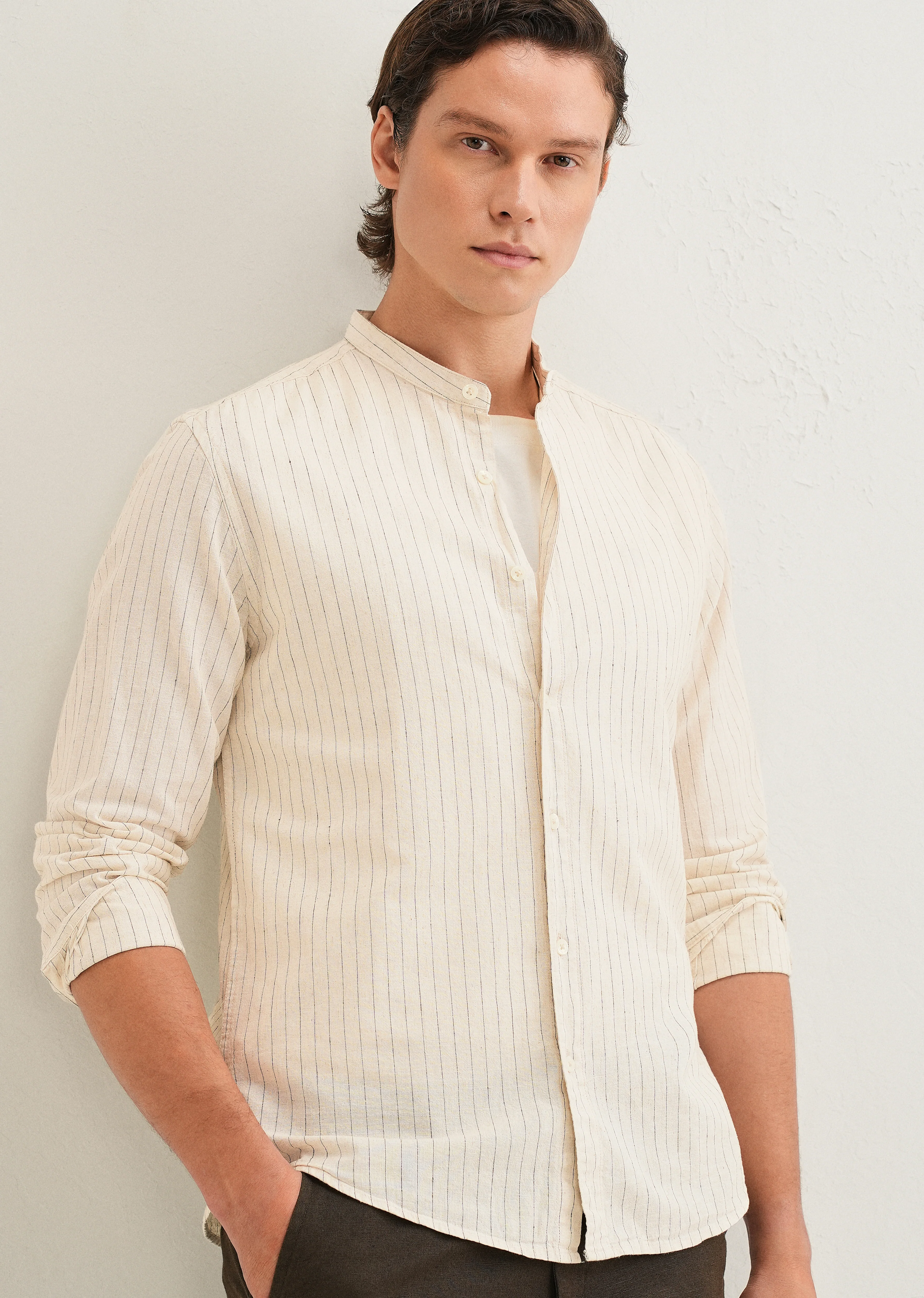 Beige Striped Mandarin Collar Cotton Shirt - Image 7