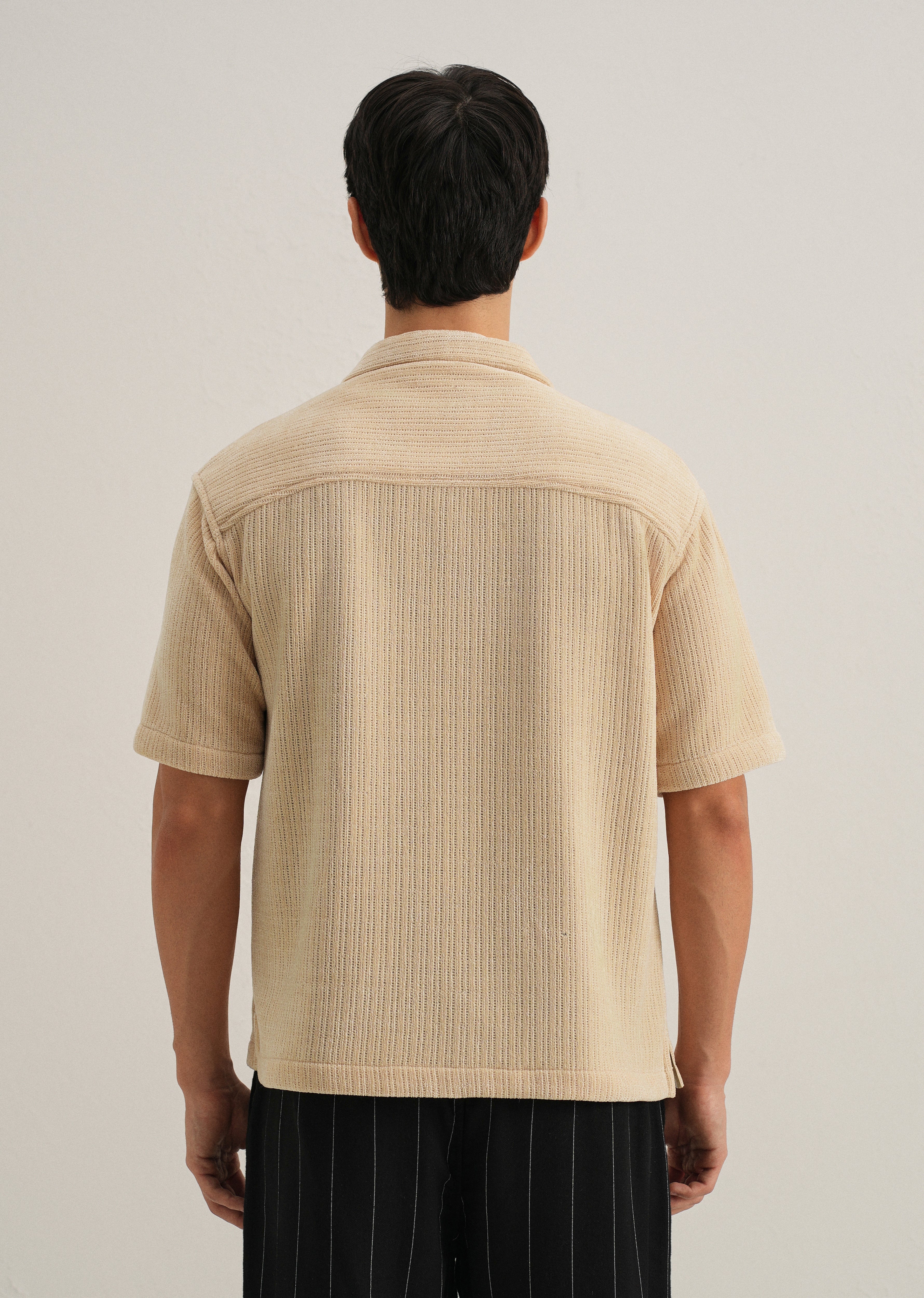 Beige Suede Knit Cuban Collar Shirt - Image 2