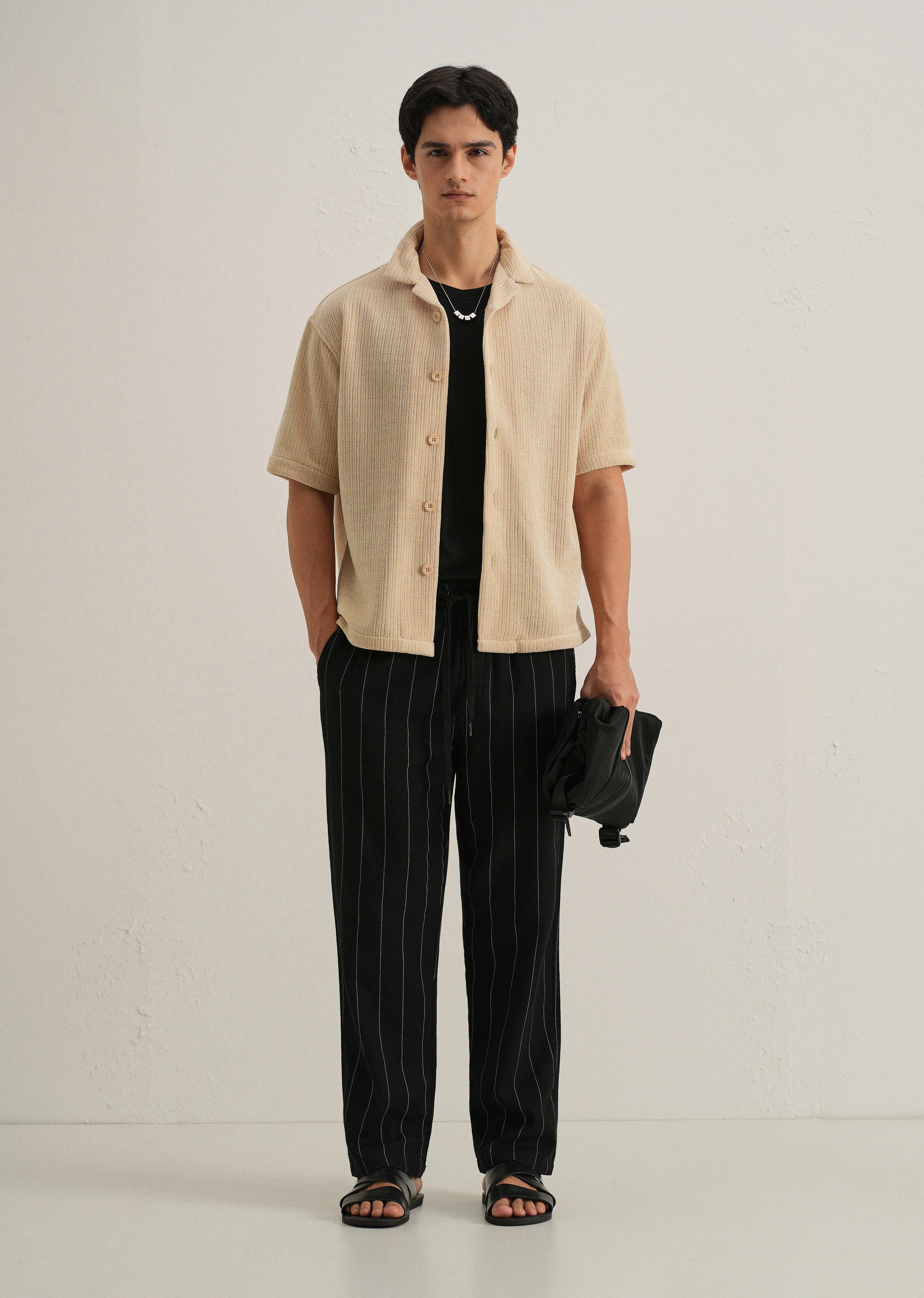 Beige Suede Knit Cuban Collar Shirt - Image 6