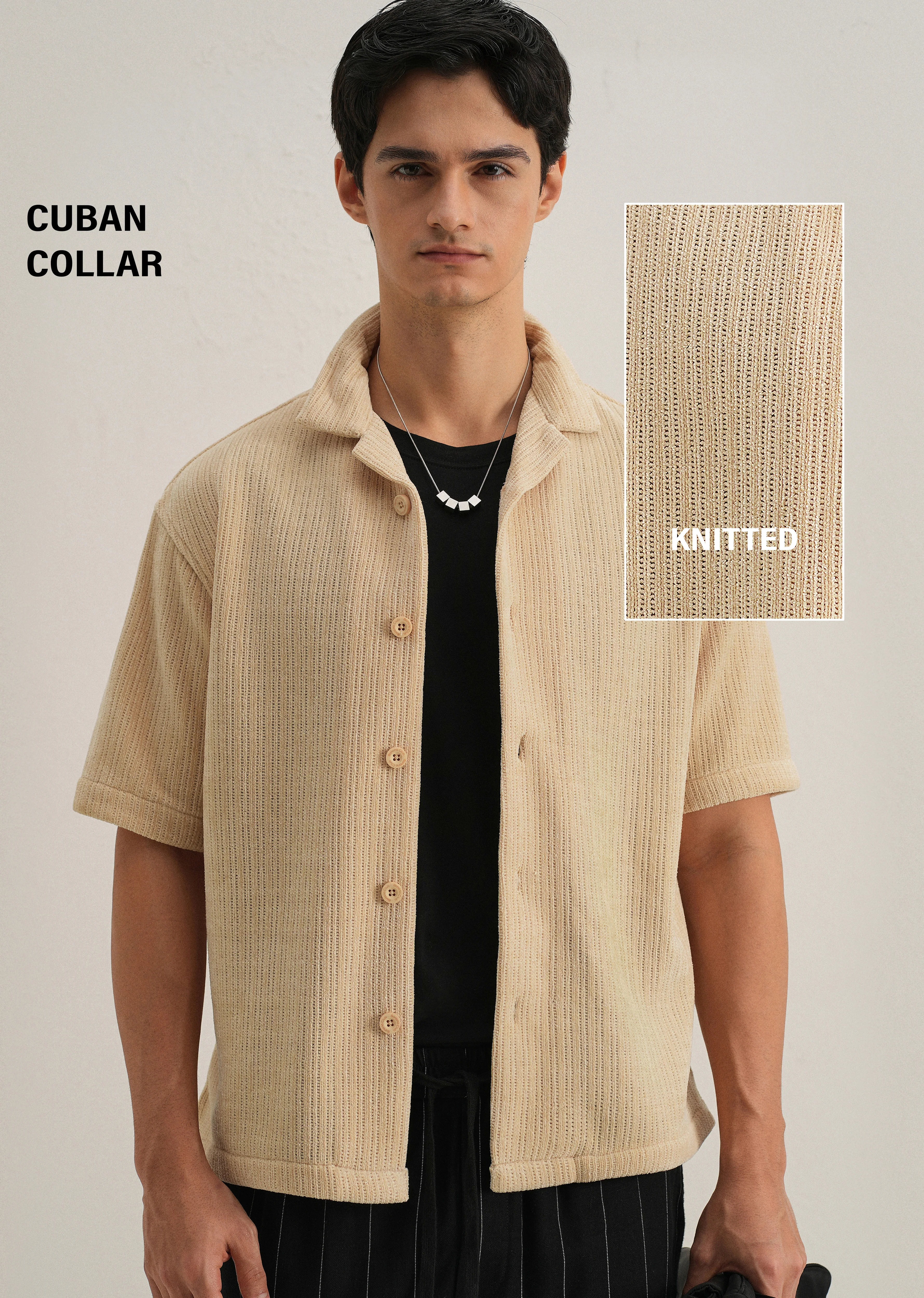 Beige Suede Knit Cuban Collar Shirt - Image 7