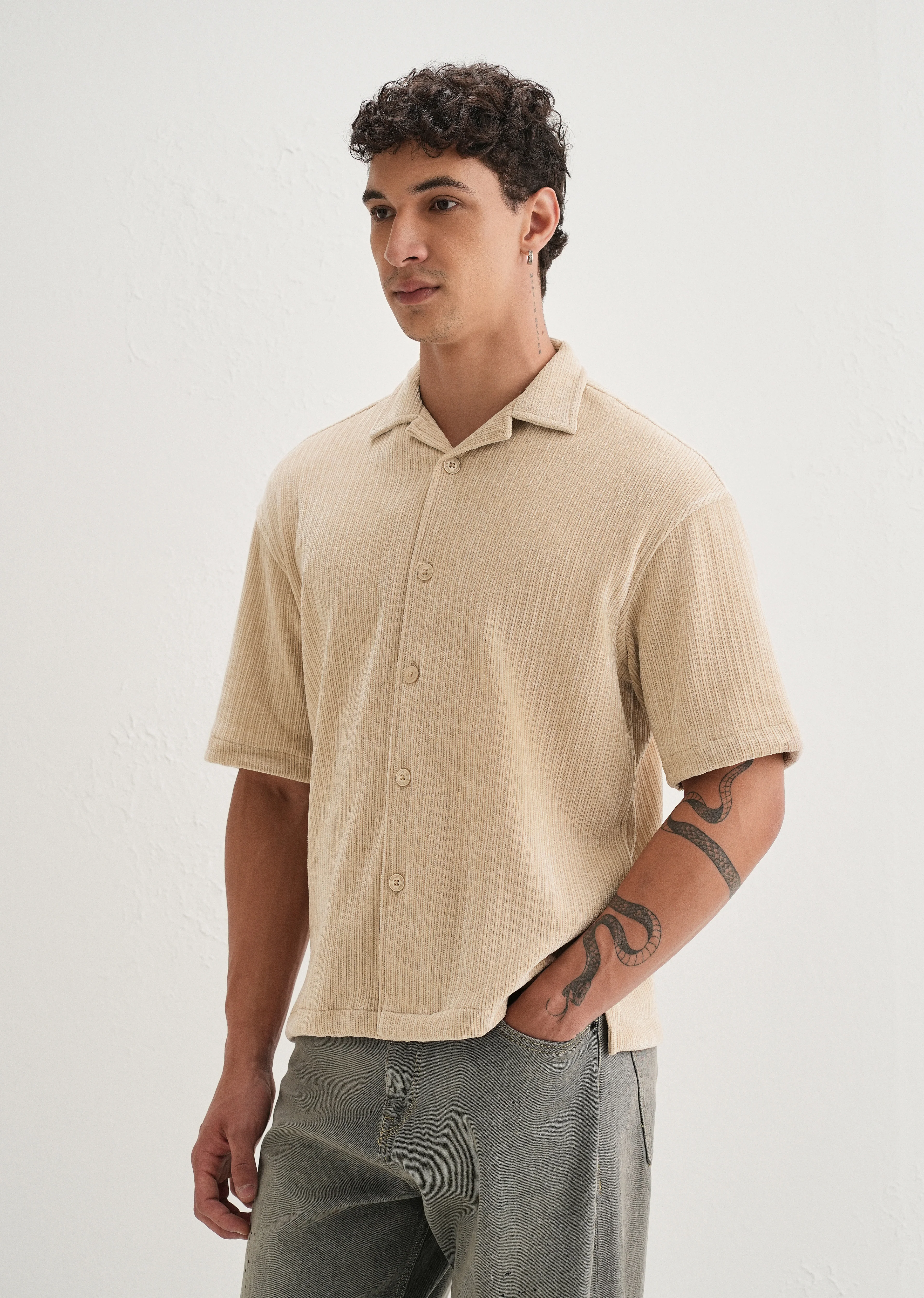 Beige Suede Knit Half Sleeve Shirt - Image 4