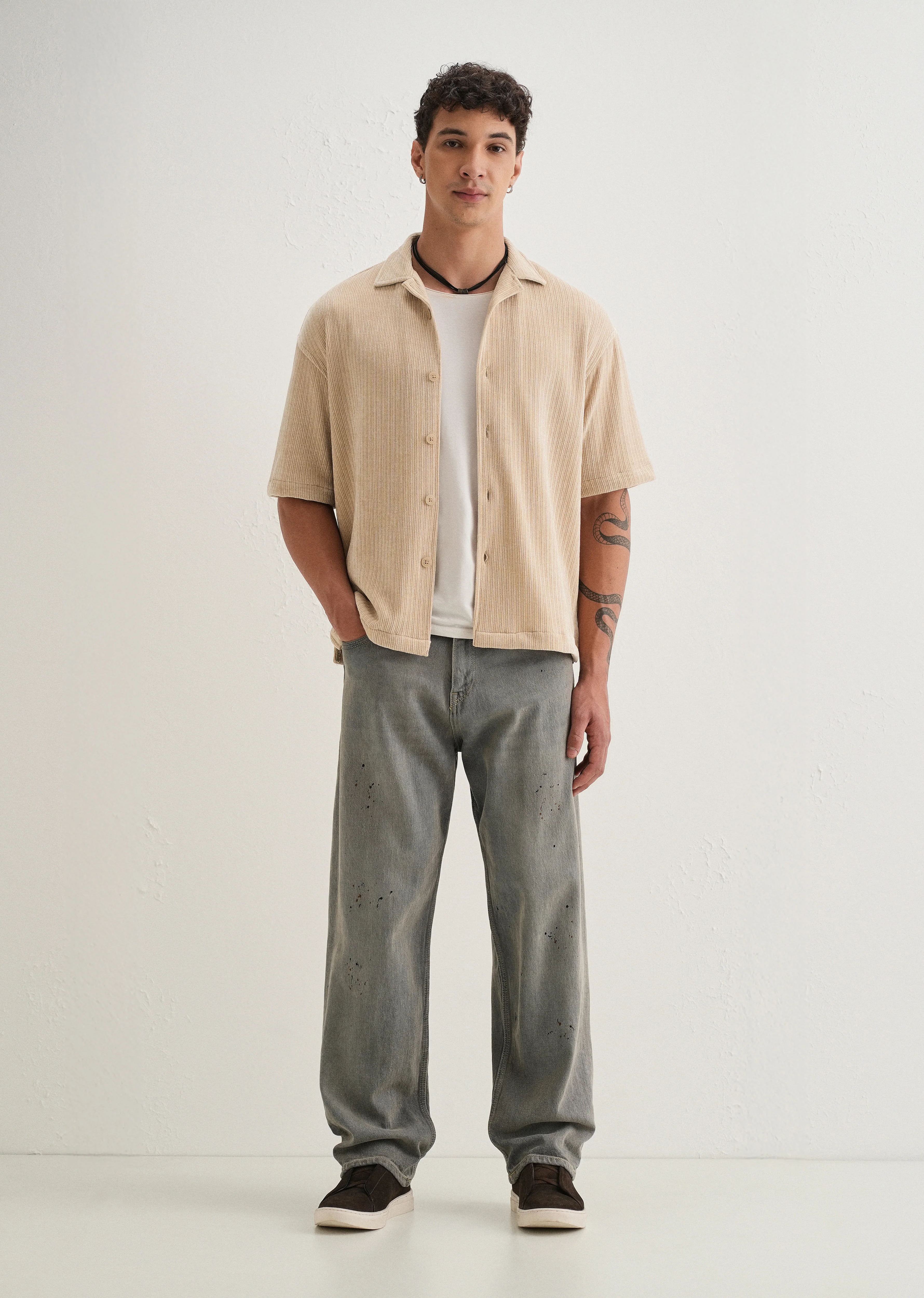 Beige Suede Knit Half Sleeve Shirt - Image 5