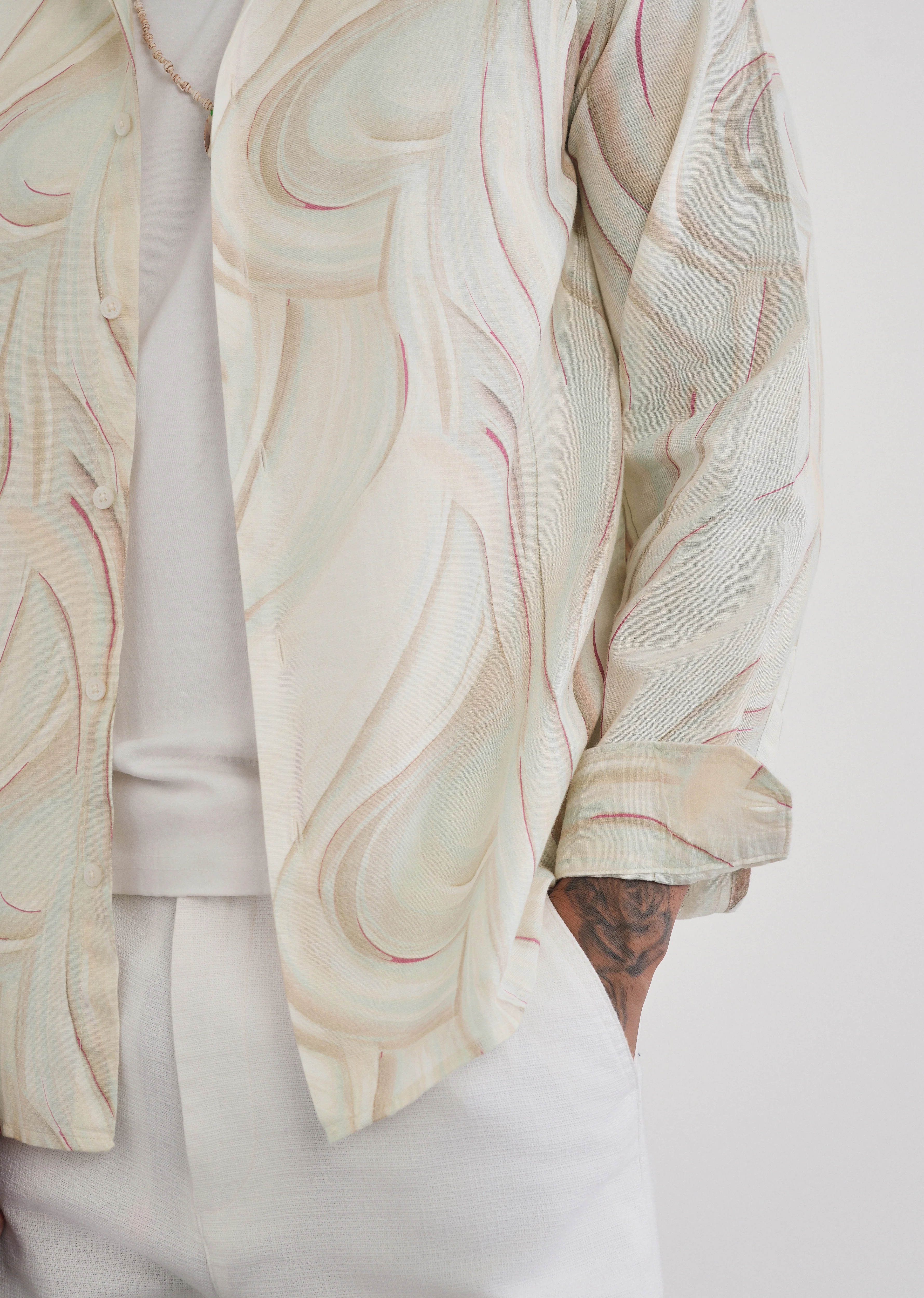 Beige Swirl Print Cotton Linen Shirt - Image 5
