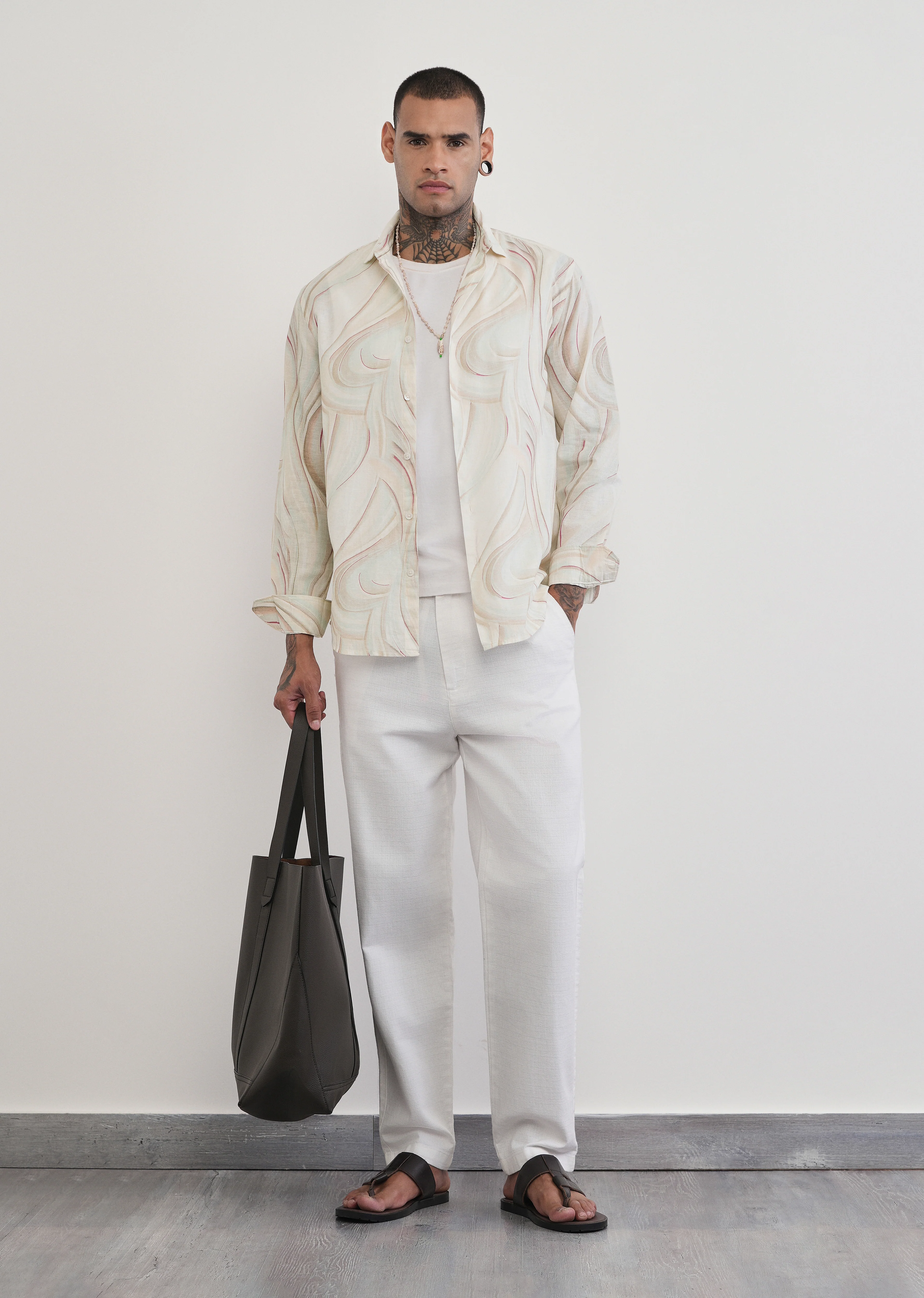 Beige Swirl Print Cotton Linen Shirt - Image 6