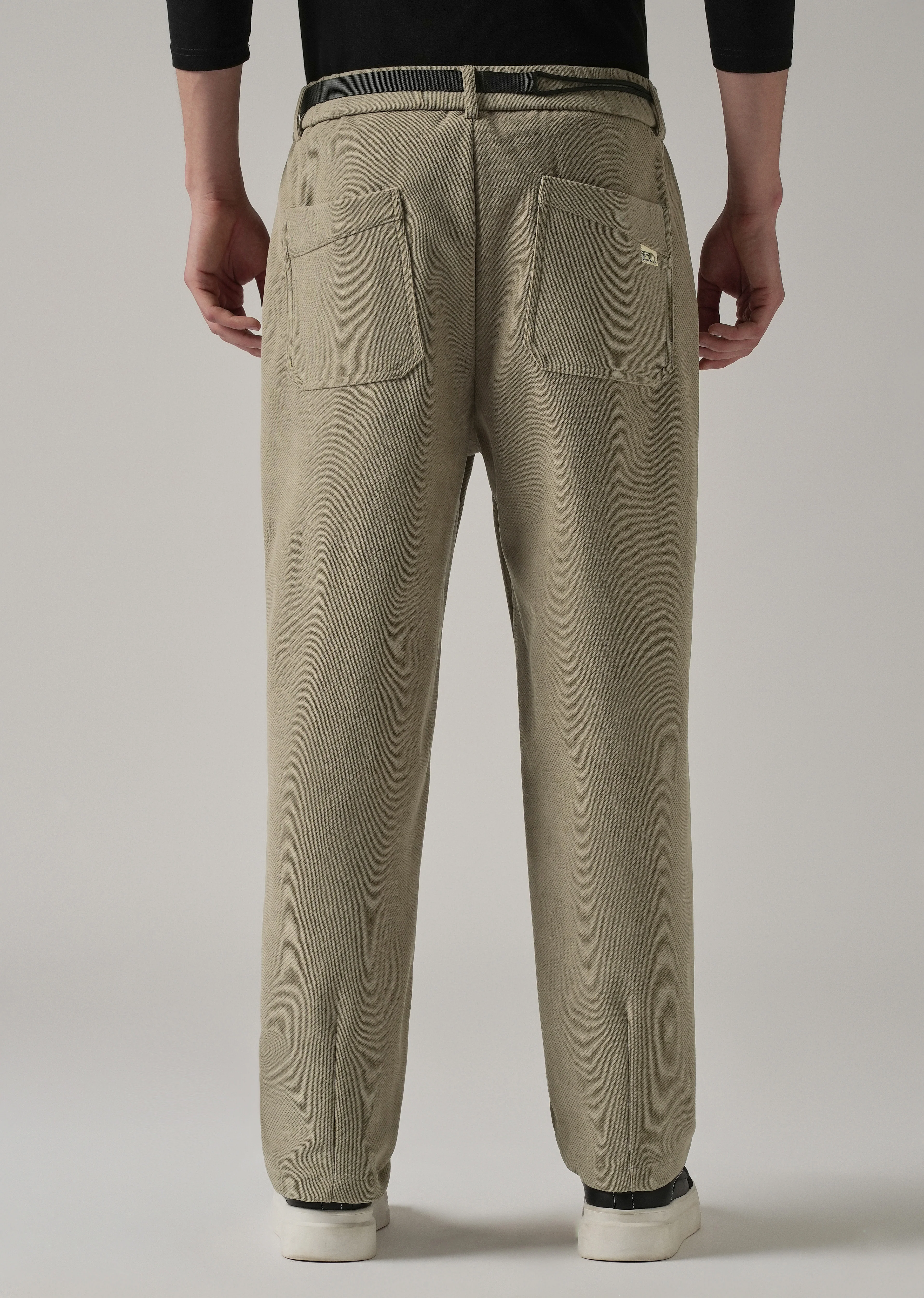 Beige Textured Corduroy Belt Pant - Image 2