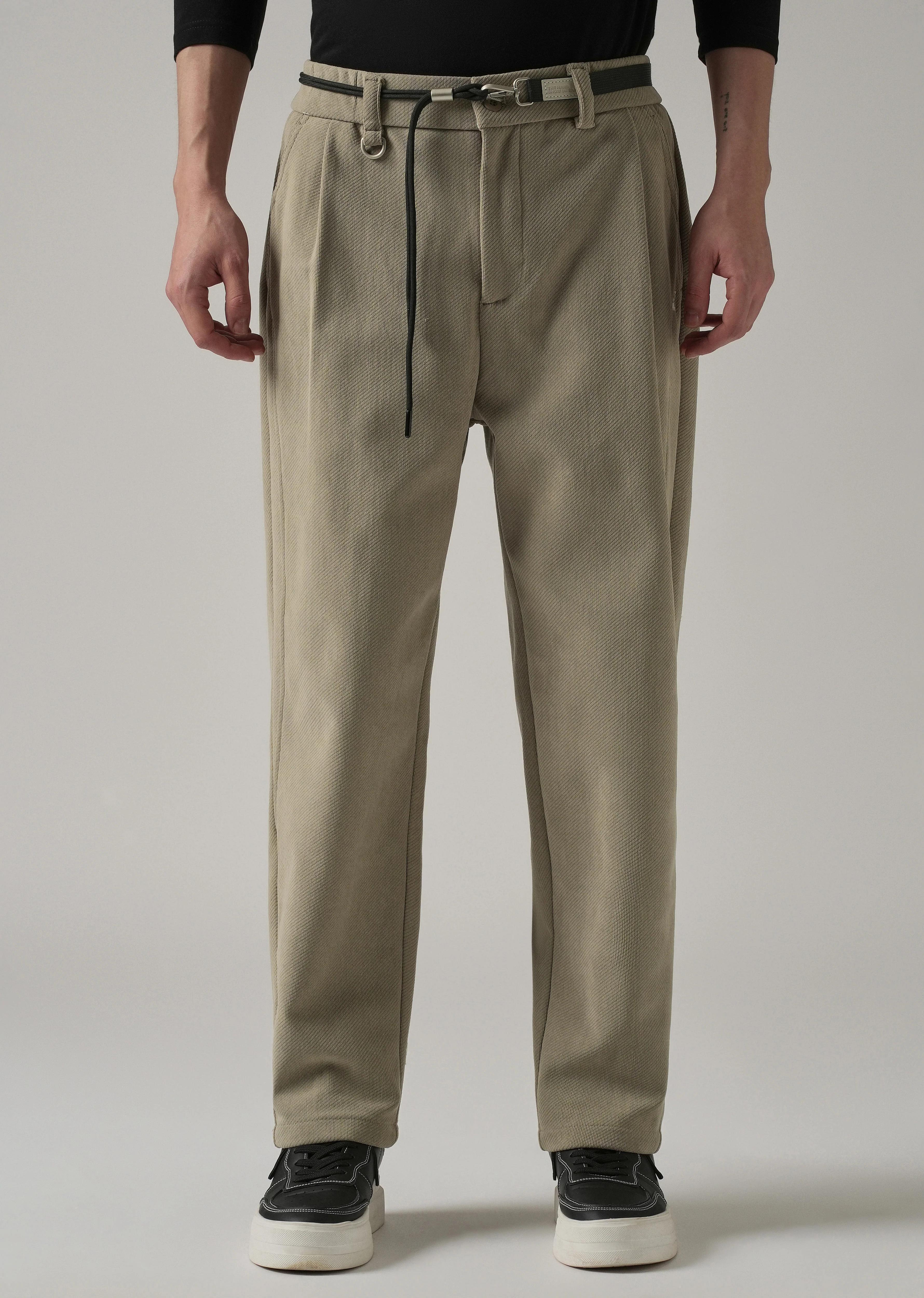 Beige Textured Corduroy Belt Pant - Image 3
