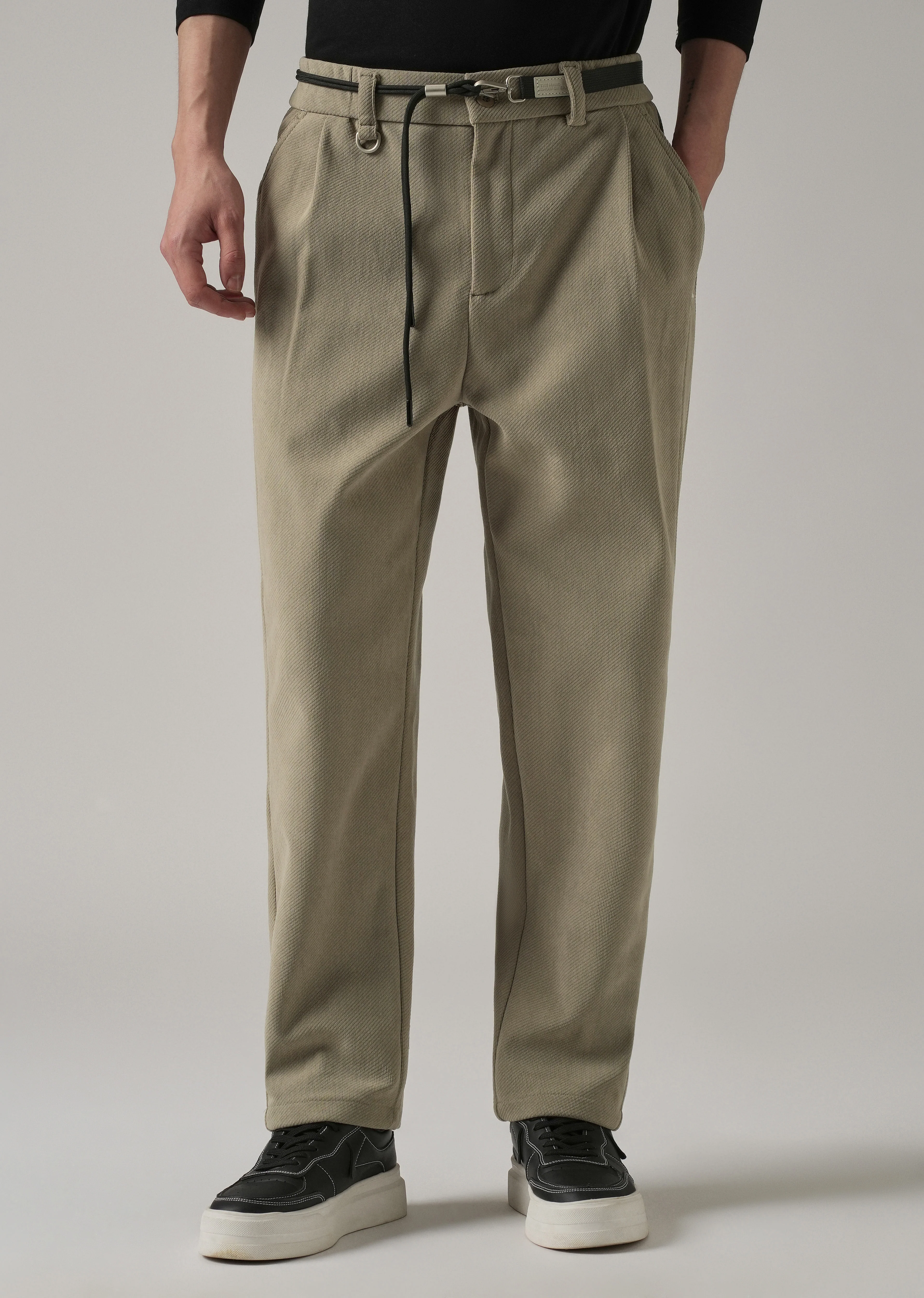 Beige Textured Corduroy Belt Pant - Image 7