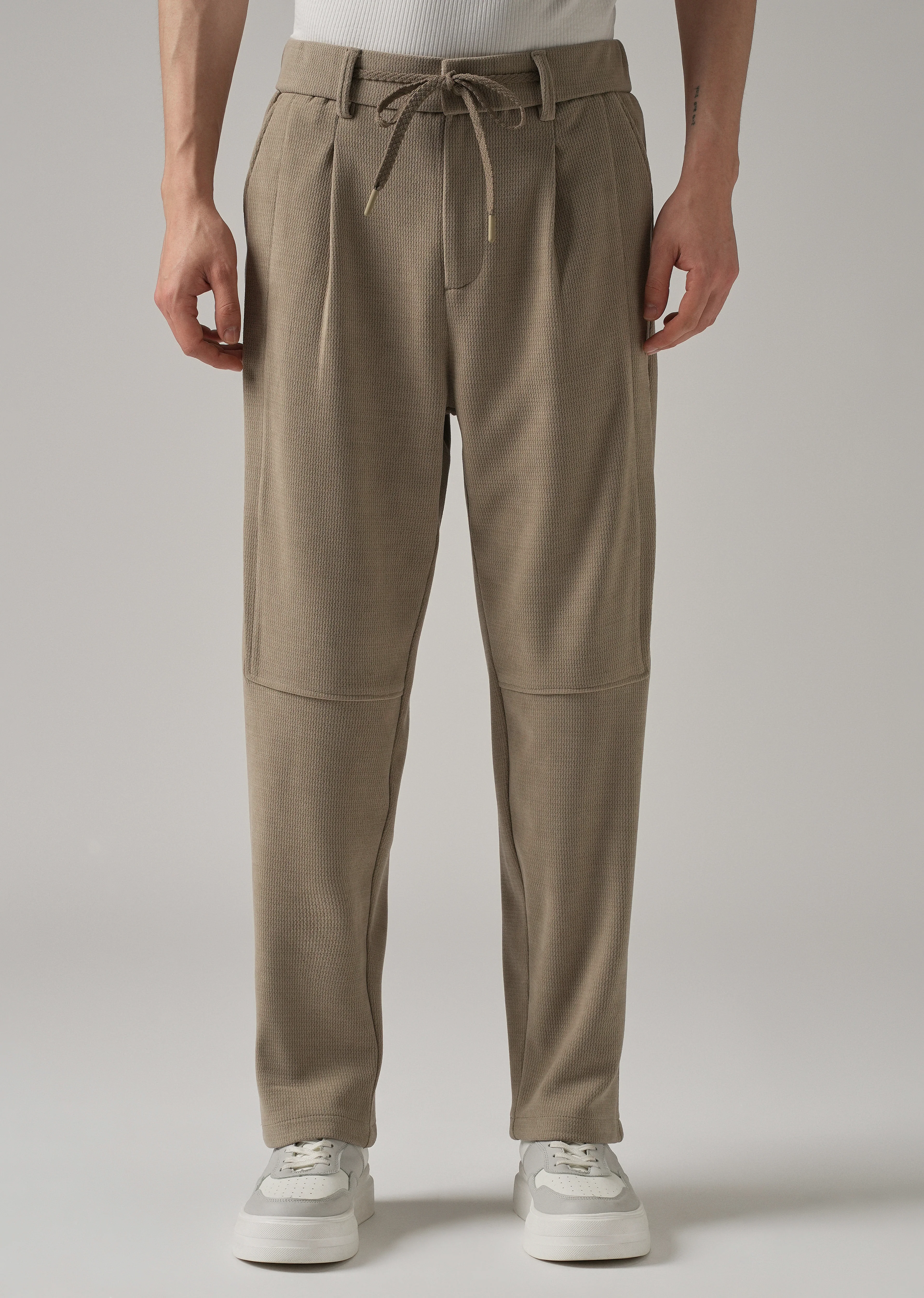Beige Textured Suede Drawstring Pant - Image 3