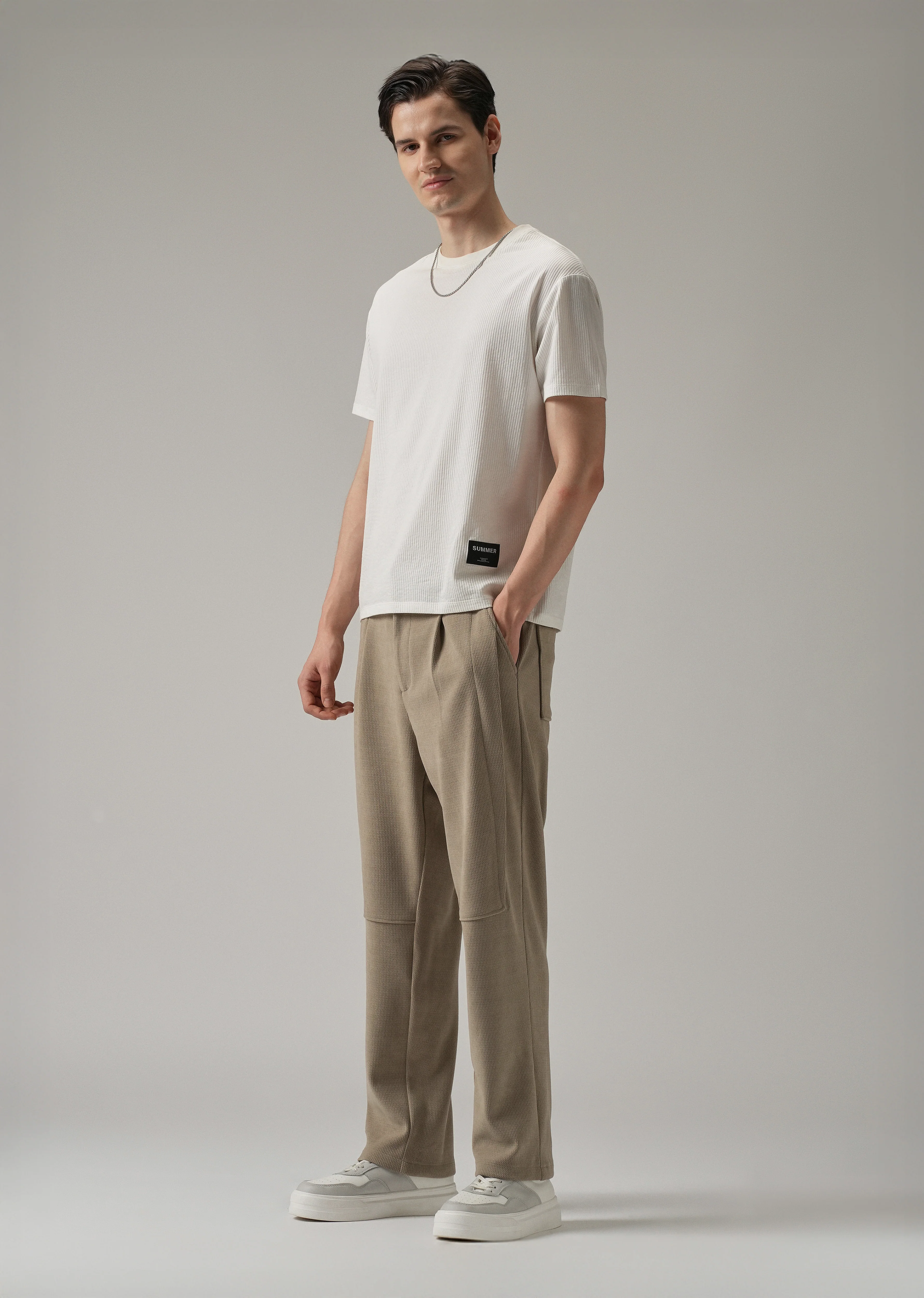 Beige Textured Suede Drawstring Pant - Image 6