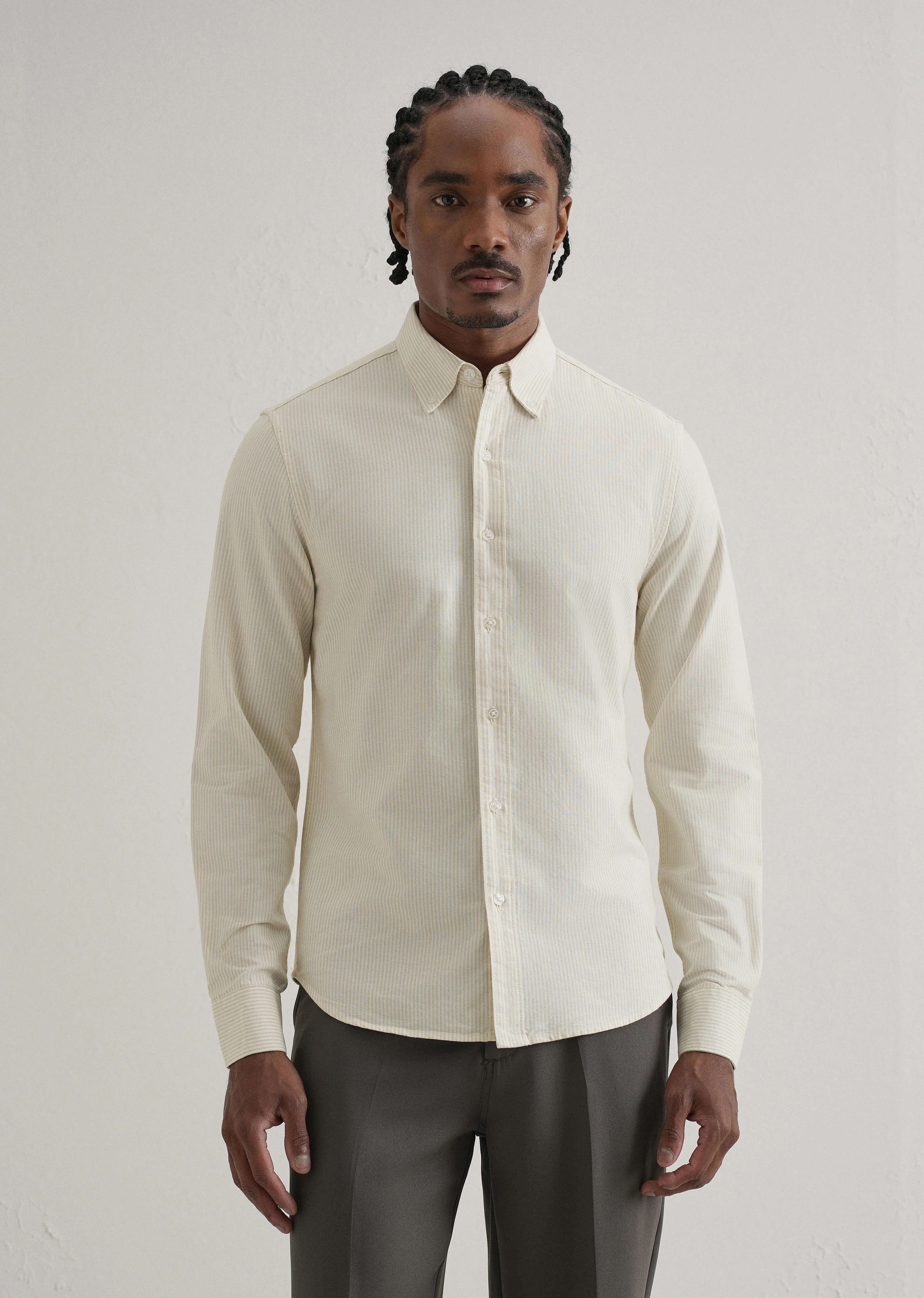 Beige Vertical Striped Cotton Shirt - Image 3