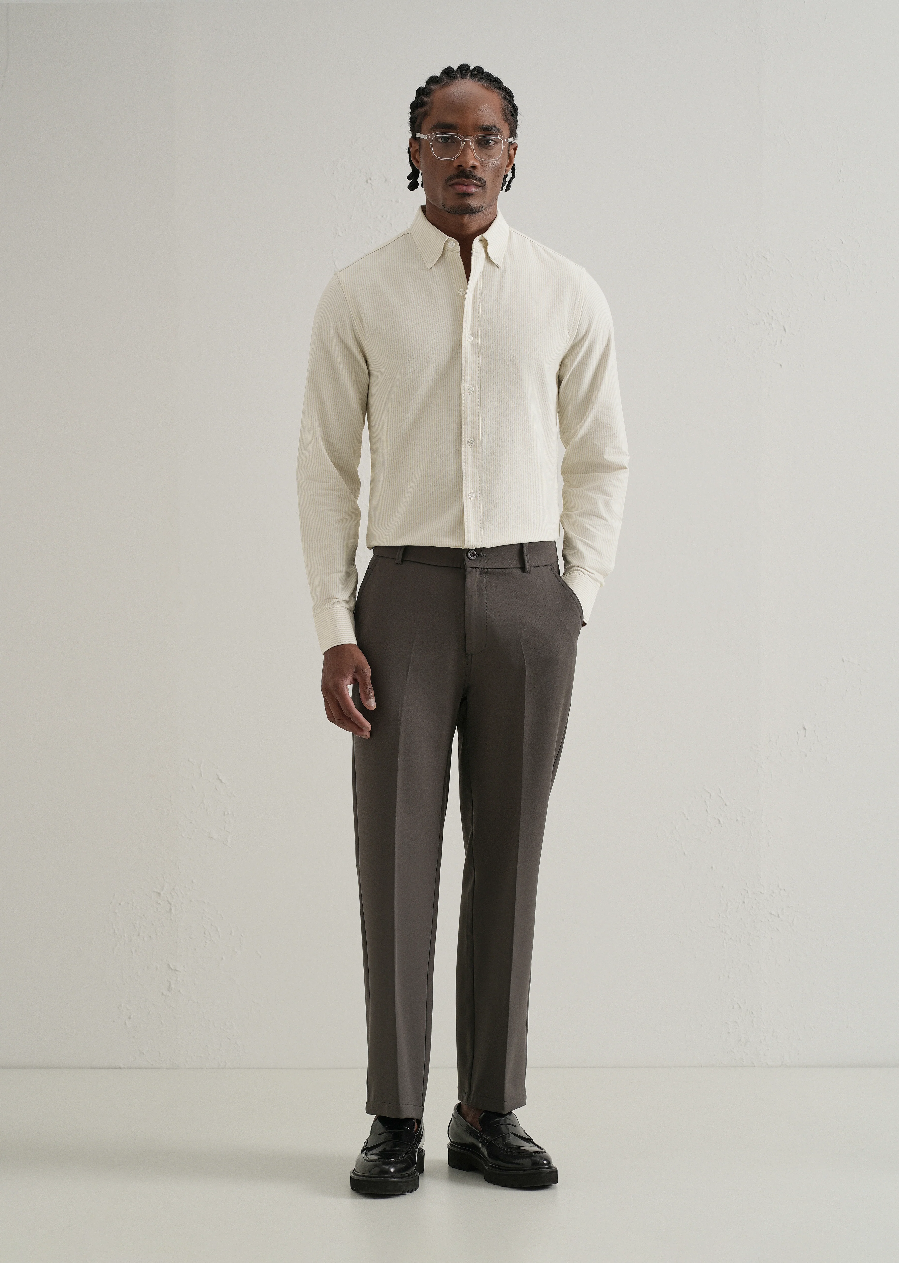 Beige Vertical Striped Cotton Shirt - Image 6
