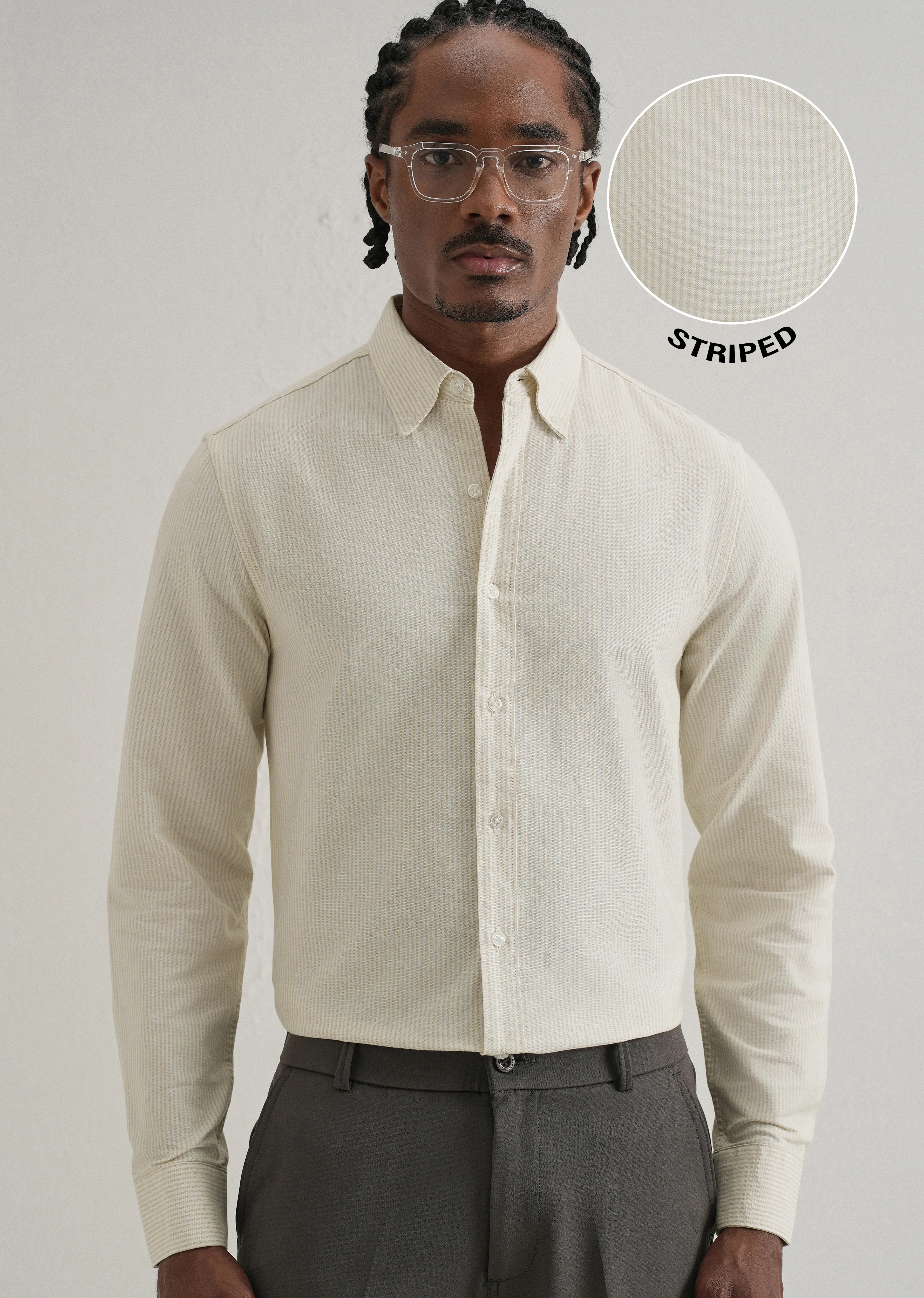 Beige Vertical Striped Cotton Shirt - Image 7