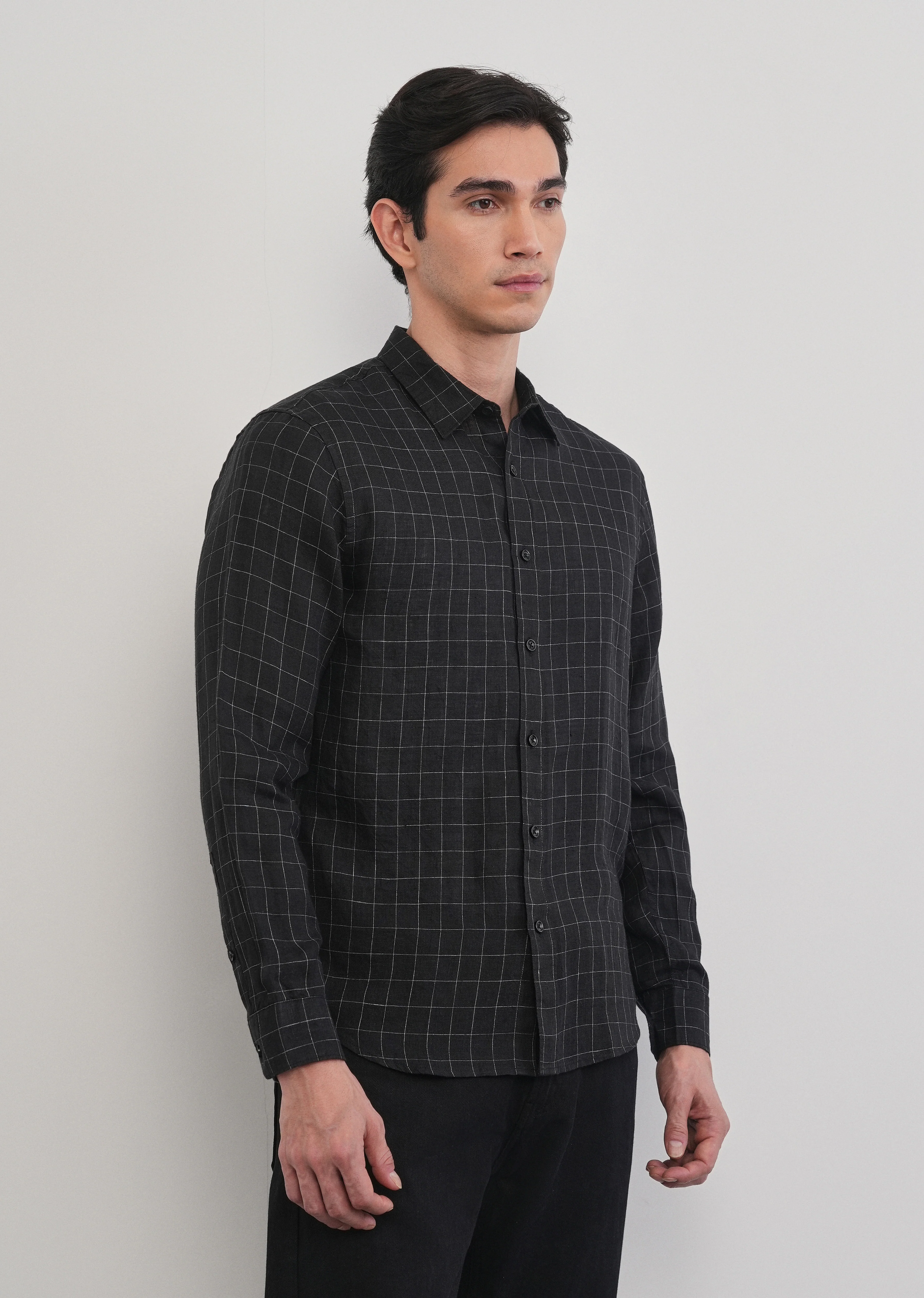 Black 100% Pure Linen Classic Check Shirt - Image 4