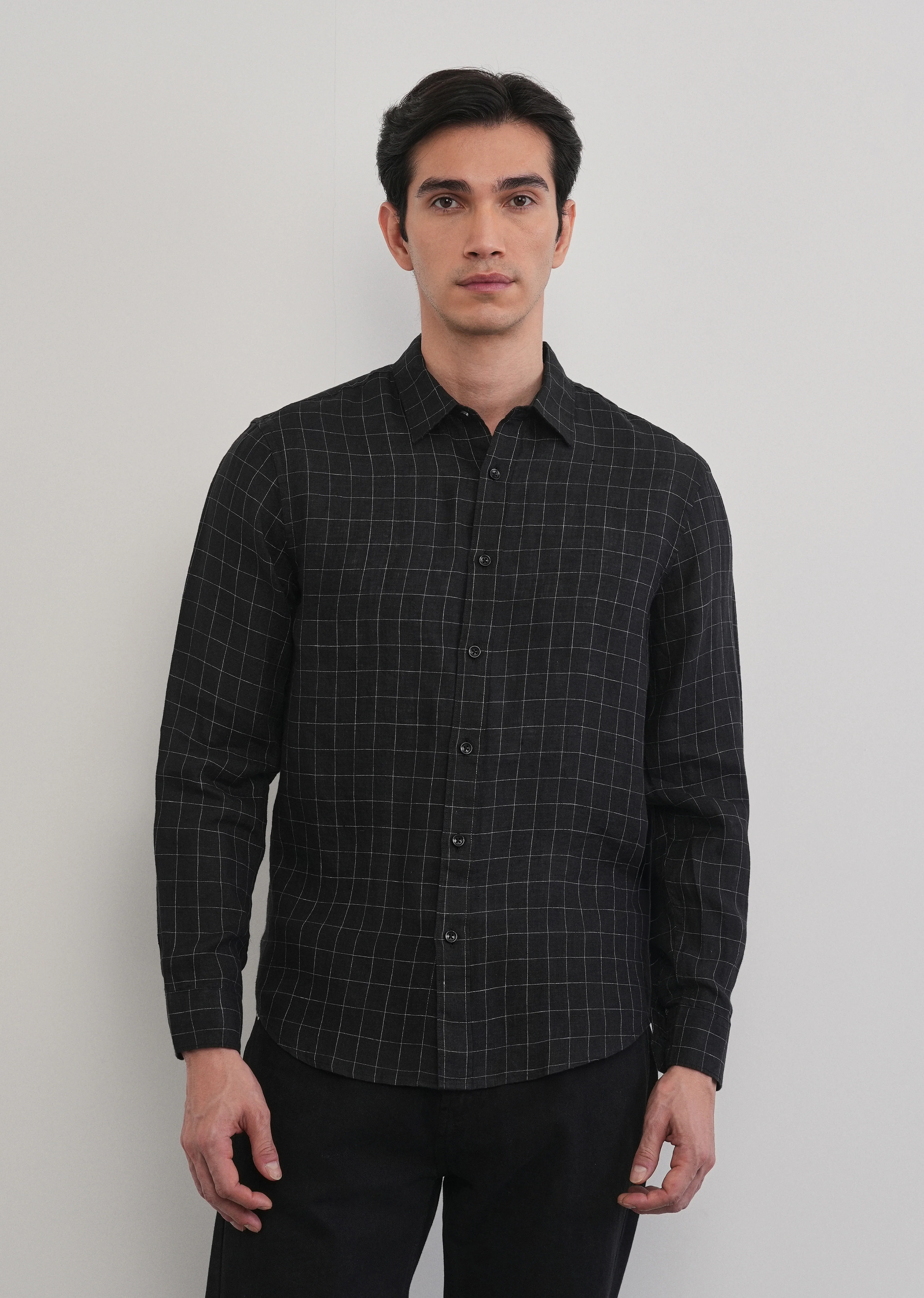 Black 100% Pure Linen Classic Check Shirt - Image 5