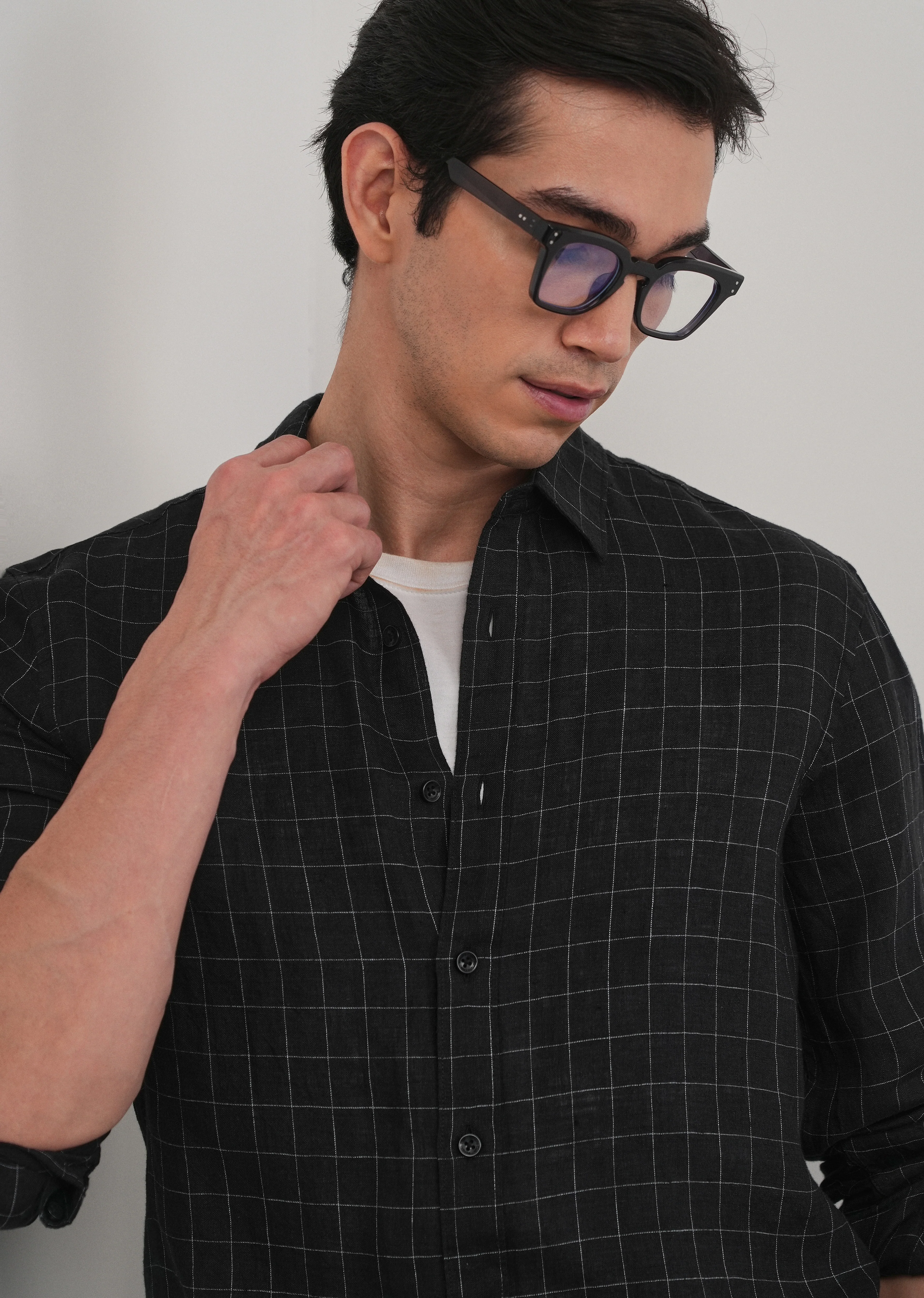 Black 100% Pure Linen Classic Check Shirt - Image 6