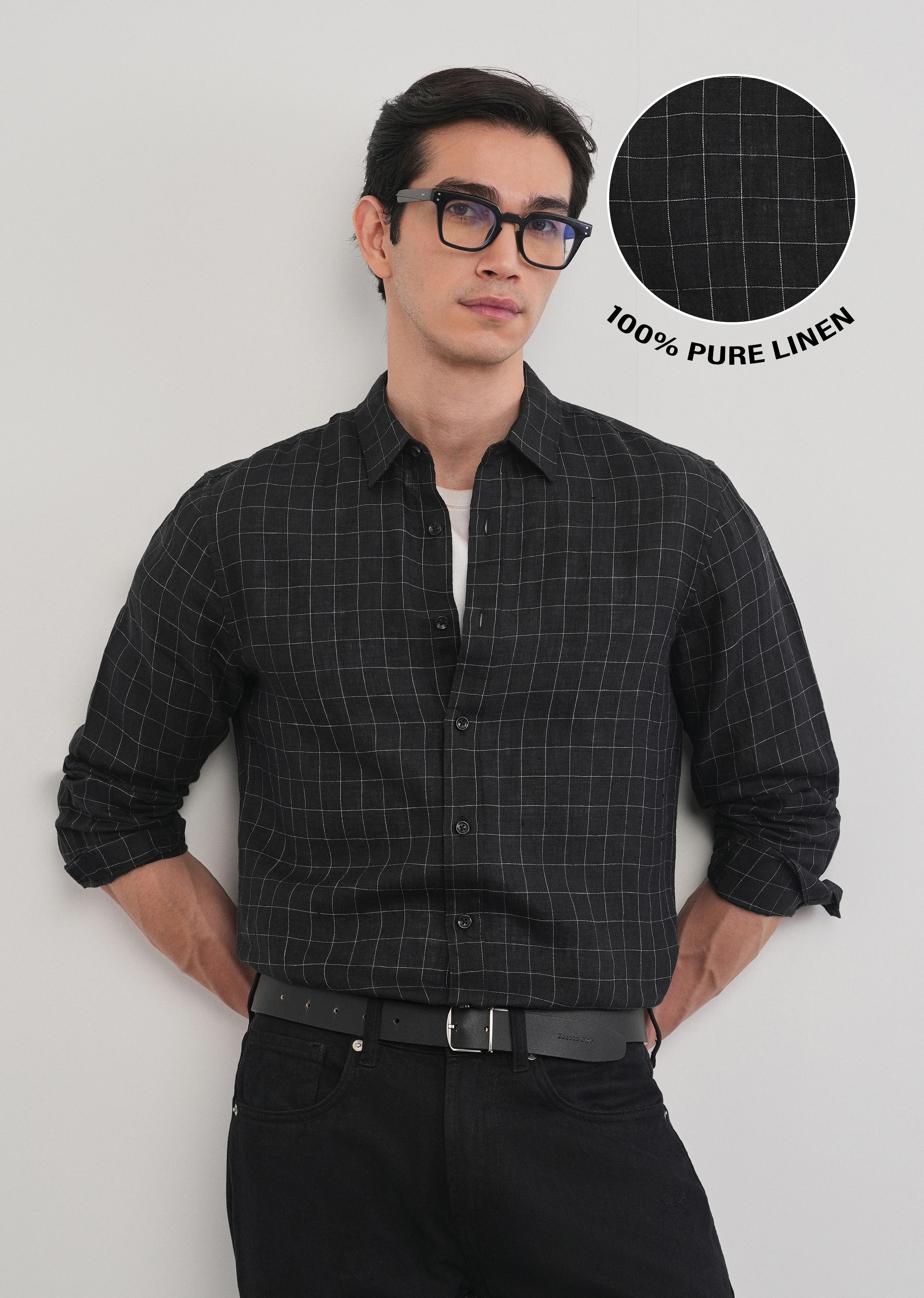 Black 100% Pure Linen Classic Check Shirt - Image 8
