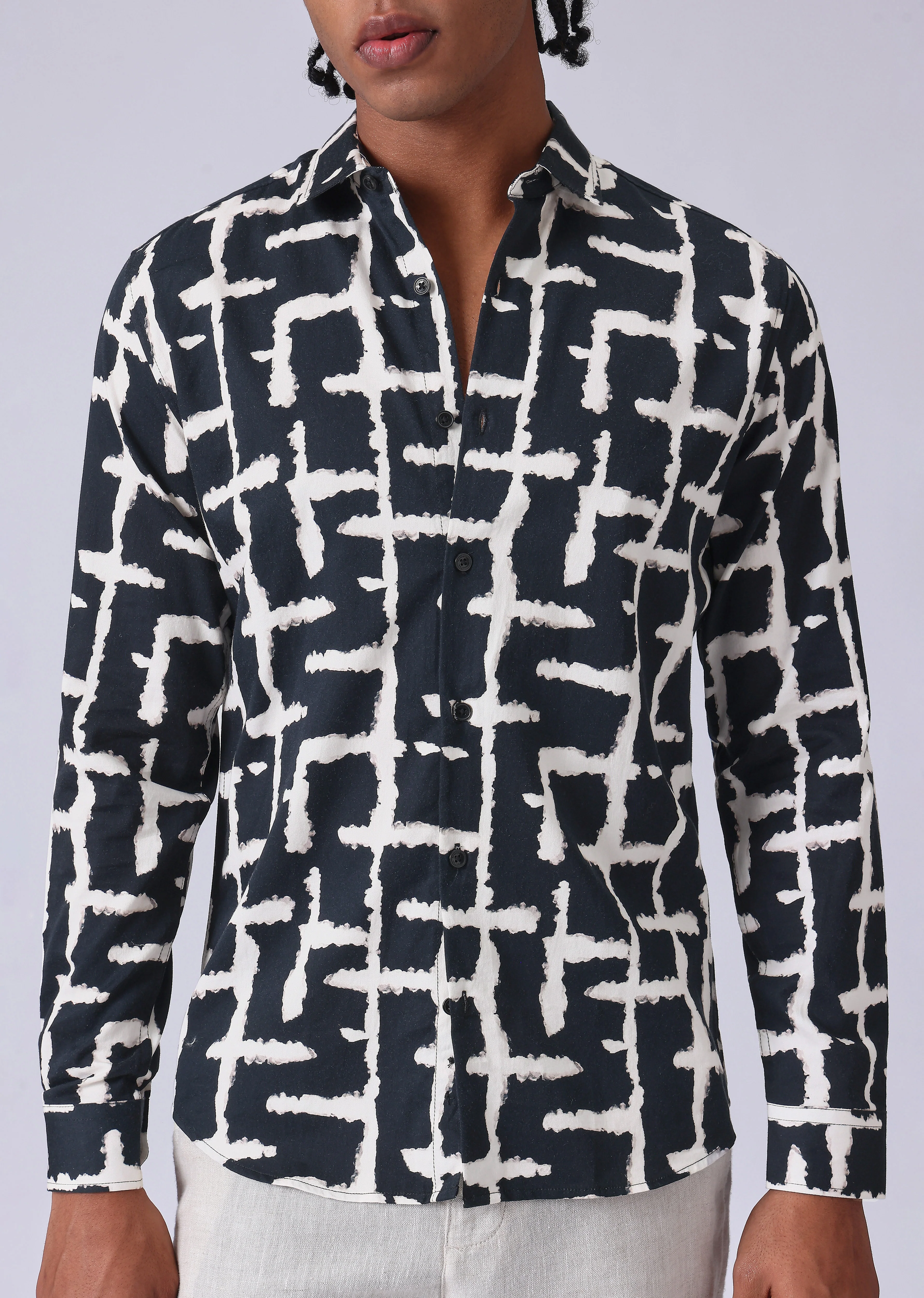 Black Abstract Check Print Shirt - Image 7