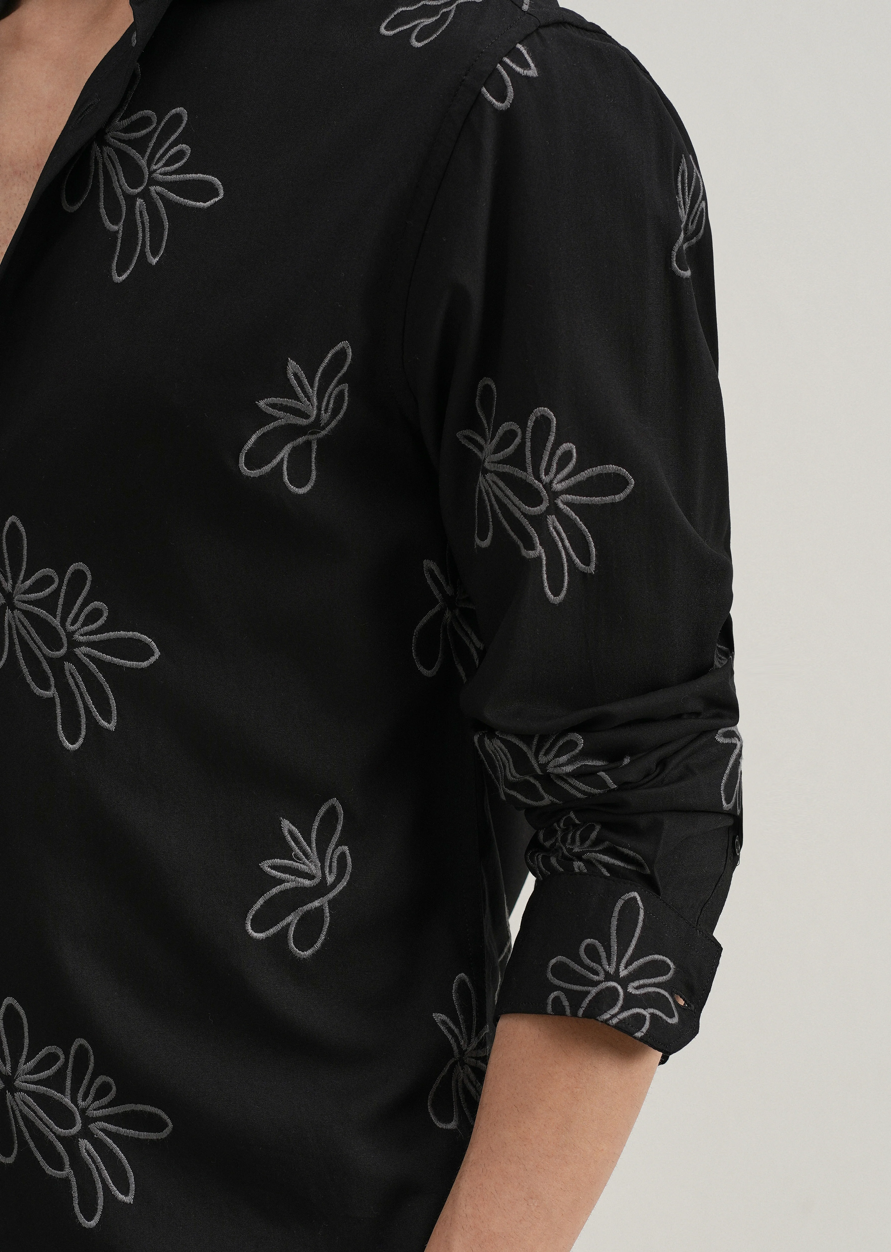 Black Abstract Floral Embroidery Shirt - Image 2