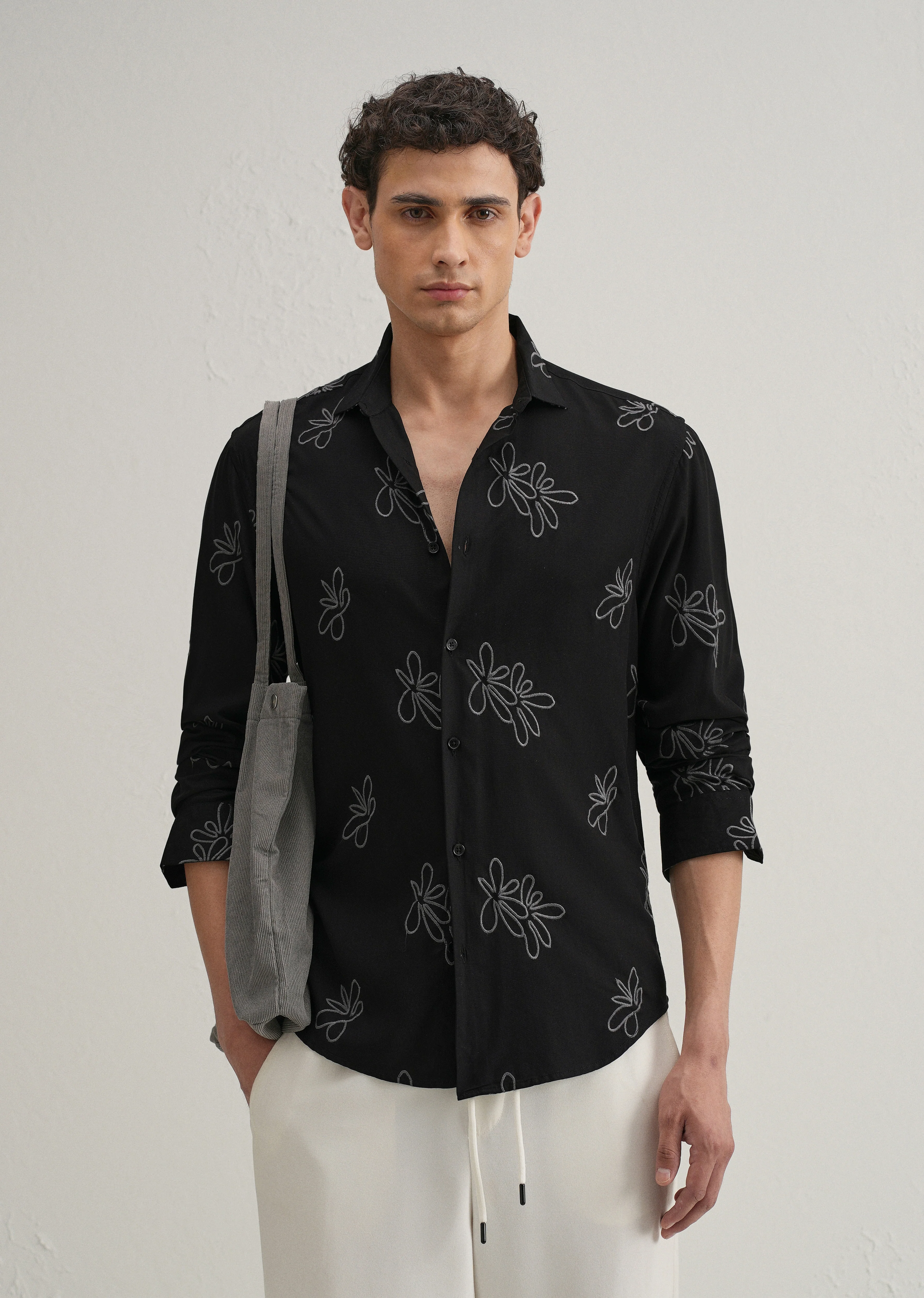 Black Abstract Floral Embroidery Shirt - Image 4