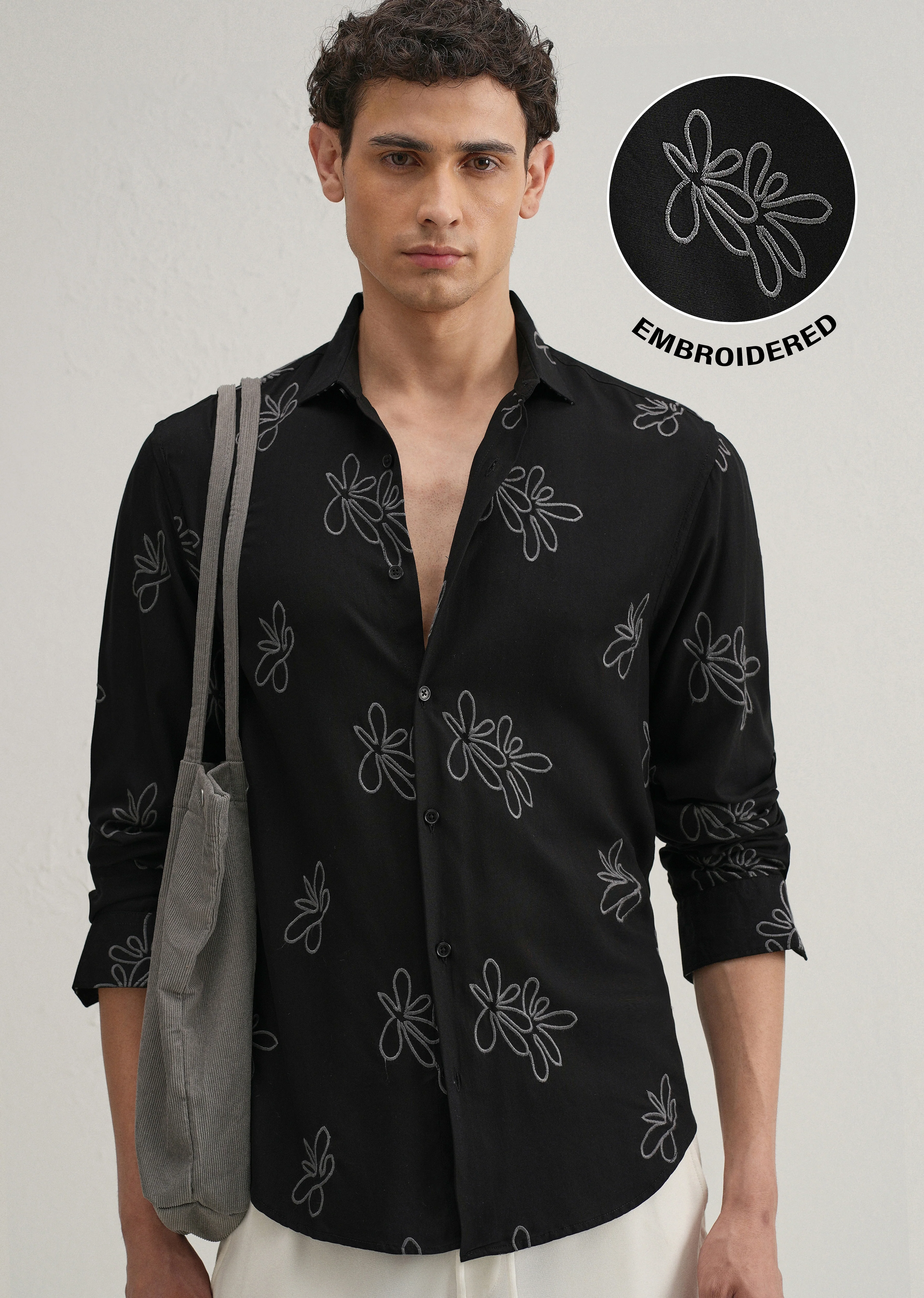 Black Abstract Floral Embroidery Shirt - Image 7