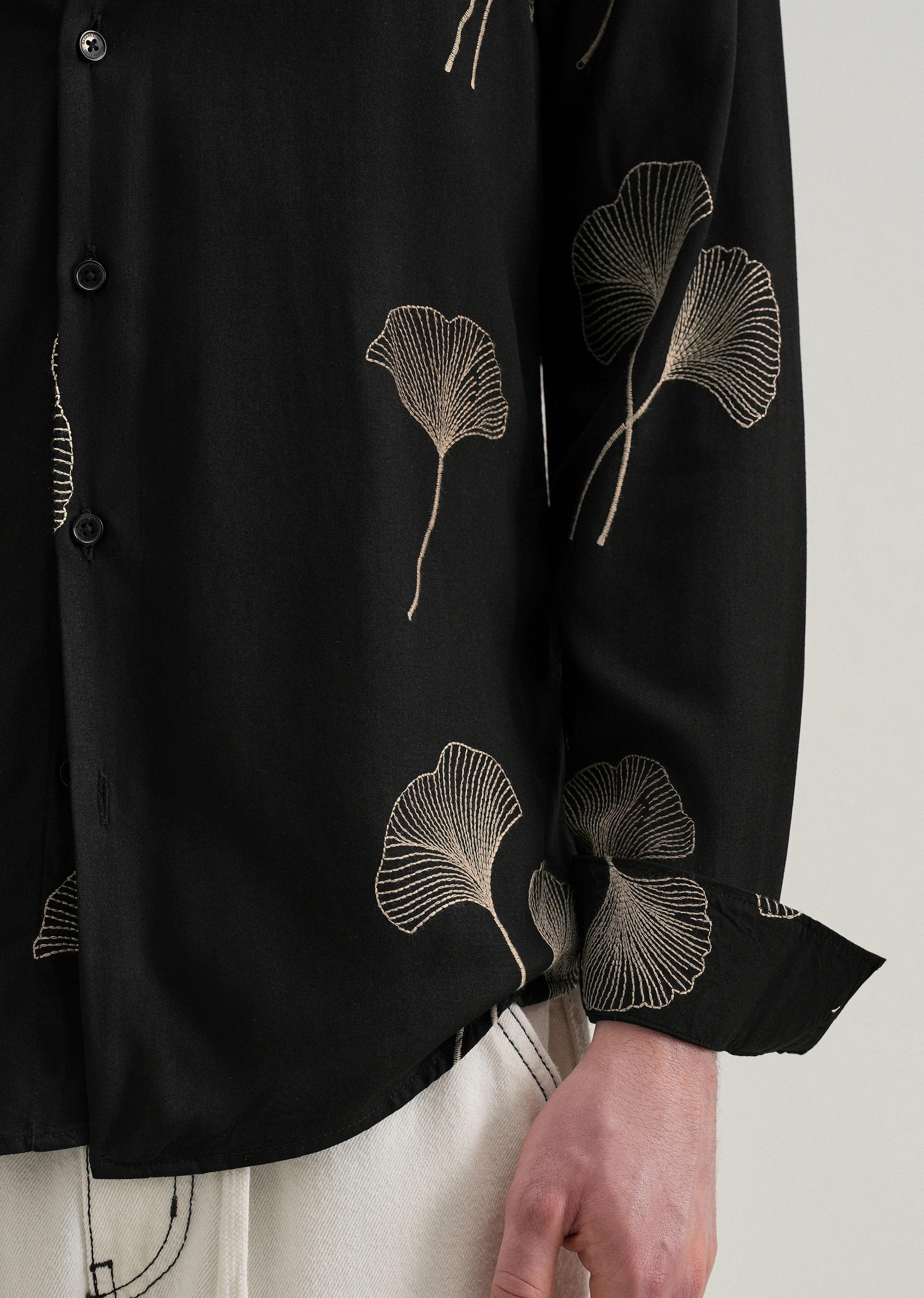 Black Abstract Leaf Embroidery Shirt - Image 2